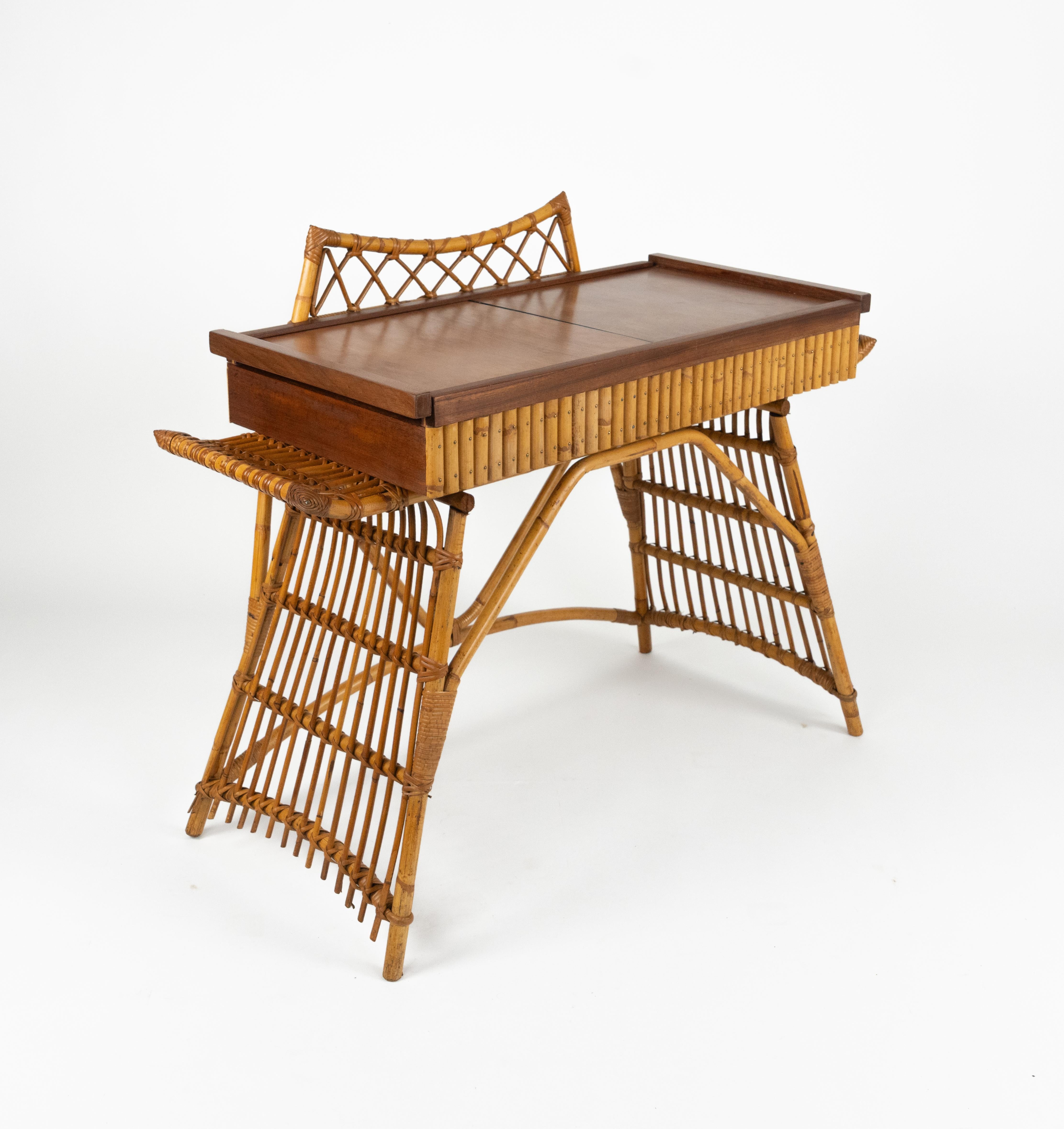 Mid-20th Century Midcentury Audoux Minet Desk Console Table Rattan, Bamboo & Wood, Italy 1960s For Sale