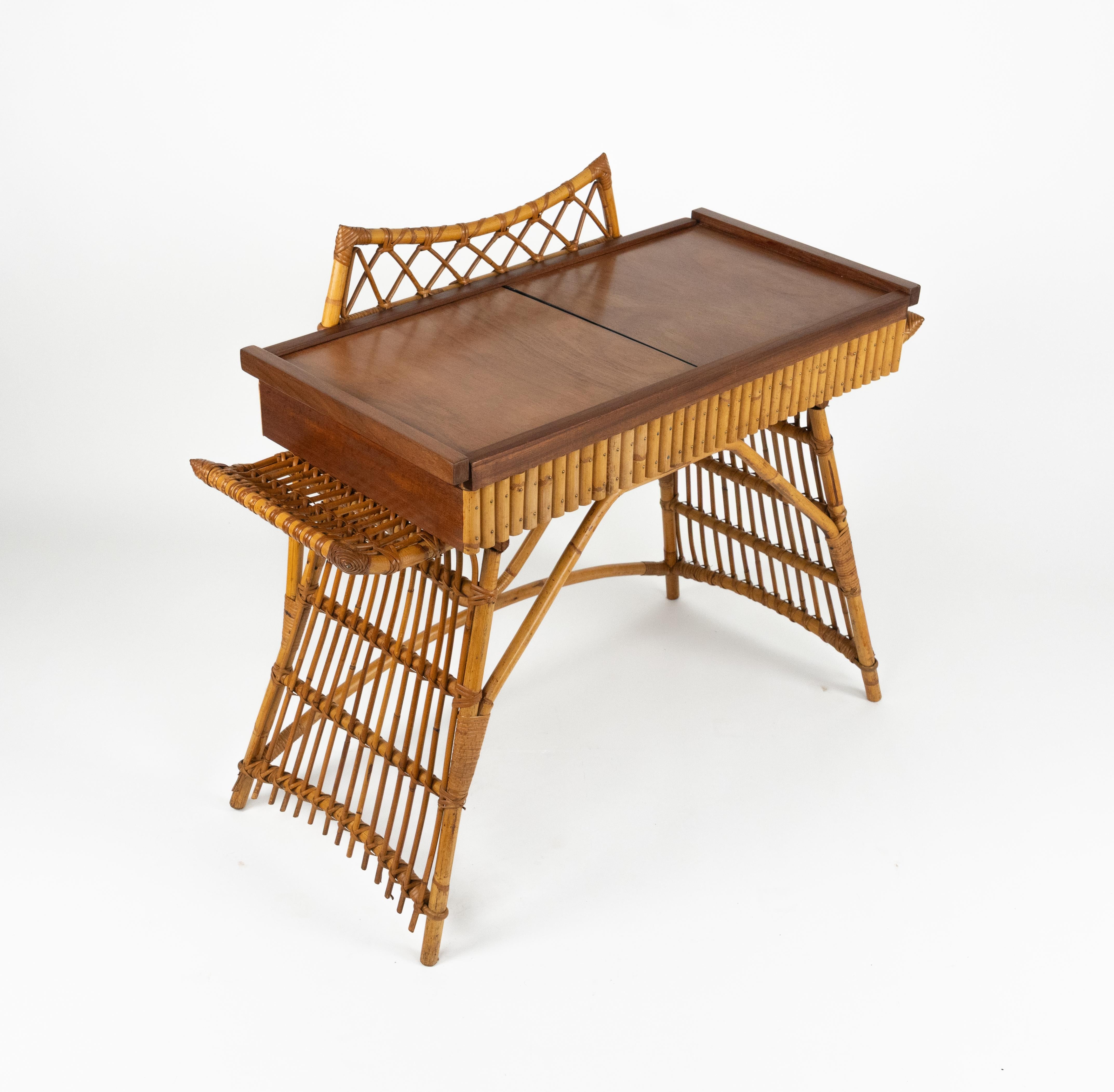 Midcentury Audoux Minet Desk Console Table Rattan, Bamboo & Wood, Italy 1960s For Sale 1