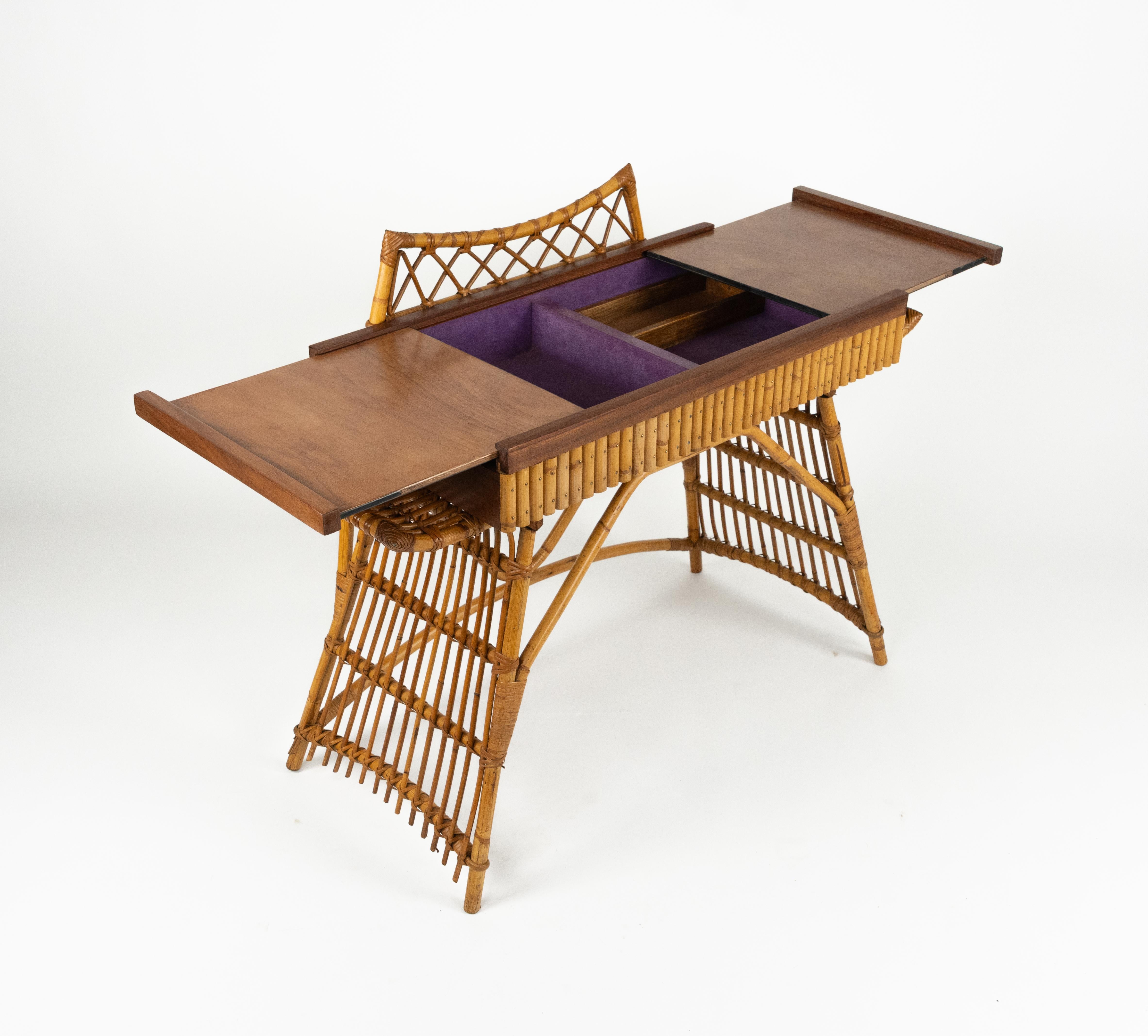 Midcentury Audoux Minet Desk Console Table Rattan, Bamboo & Wood, Italy 1960s For Sale 2