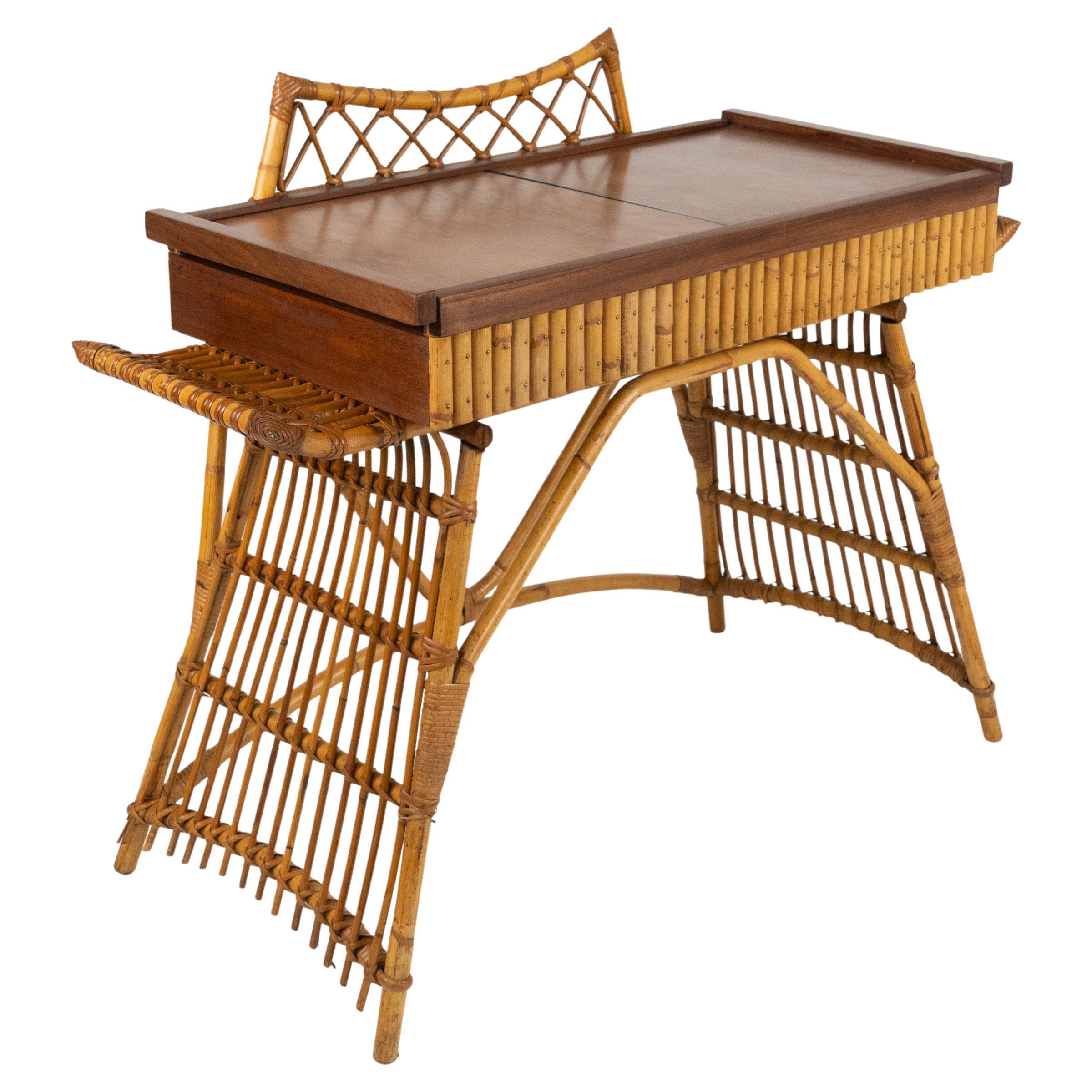 Midcentury Audoux Minet Desk Console Table Rattan, Bamboo & Wood, Italy 1960s