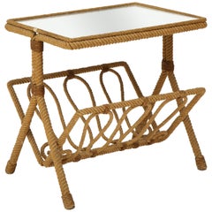 Midcentury Audoux Minet Woven Table Magazine Rack Mirrored Top, France, 1950s