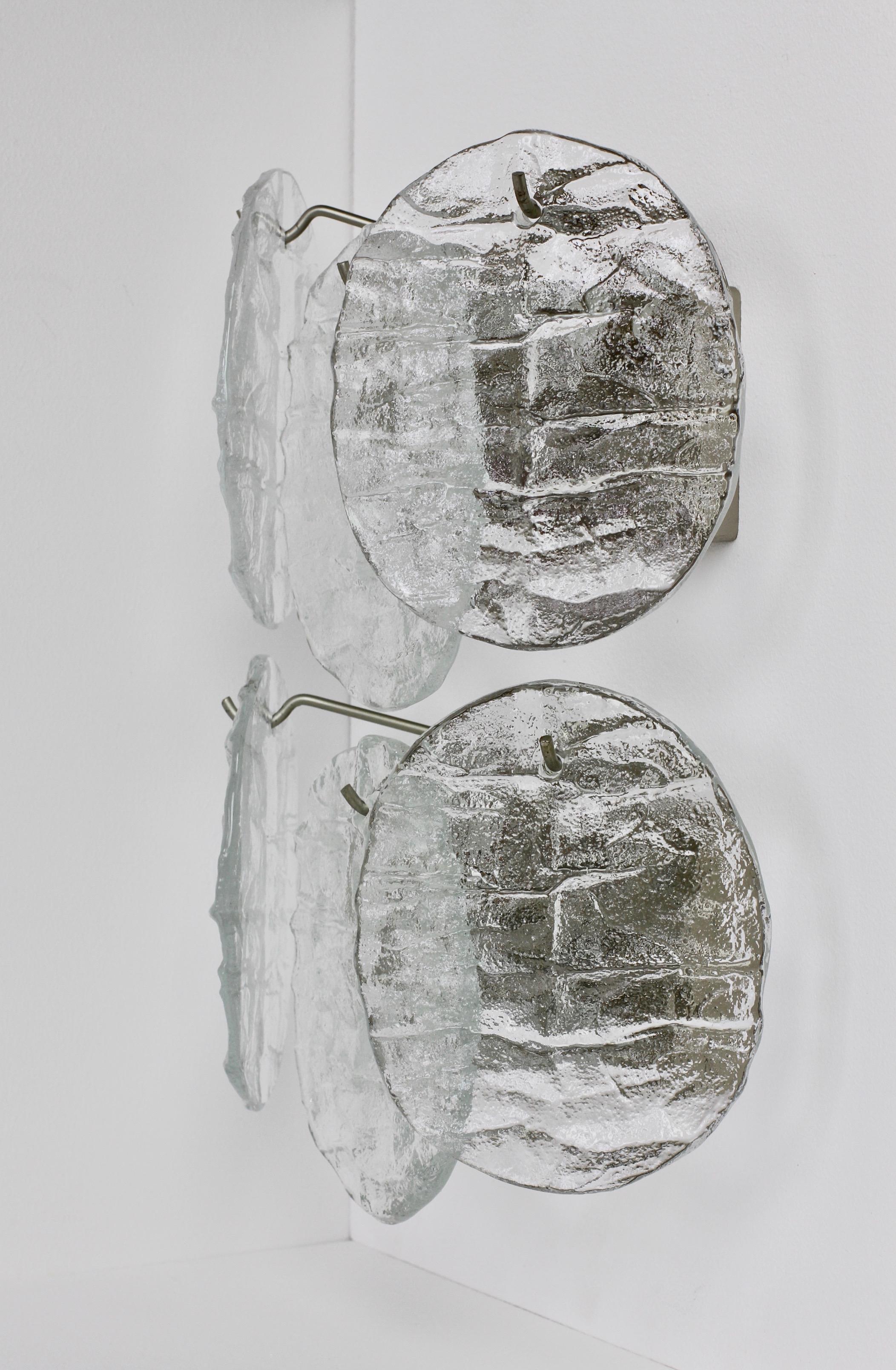 Metal Midcentury Austrian Pair of Kalmar Ice Crystal Glass Wall Lights / Sconces 1960s For Sale