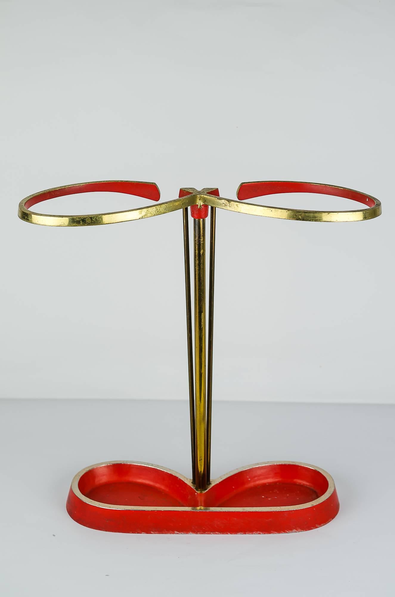 Brass Midcentury Austrian Umbrella Stand, Red, circa 1950s For Sale