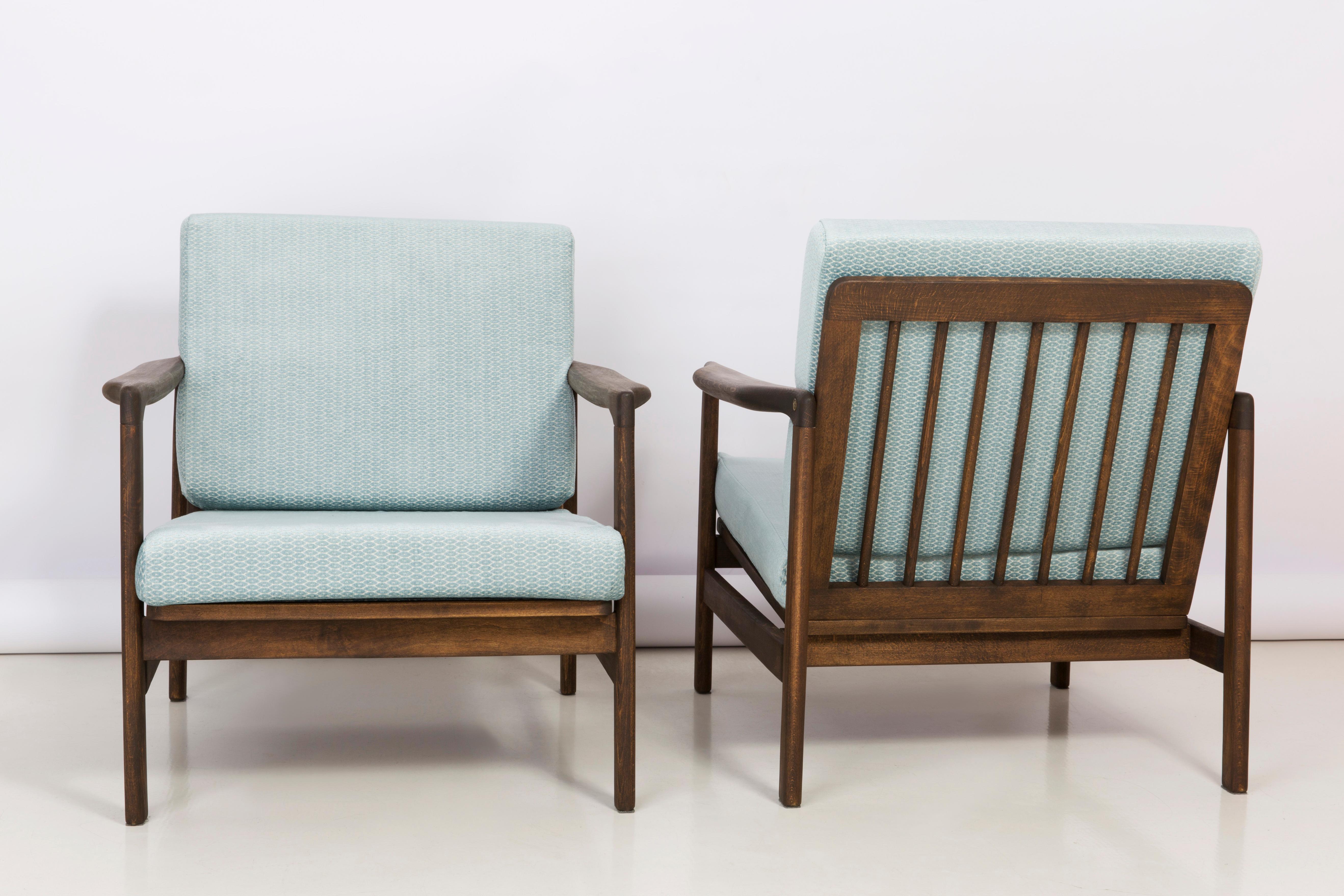 Midcentury Baby Blue Pattern Velvet Armchair, Zenon Baczyk, 1960s In Excellent Condition For Sale In 05-080 Hornowek, PL