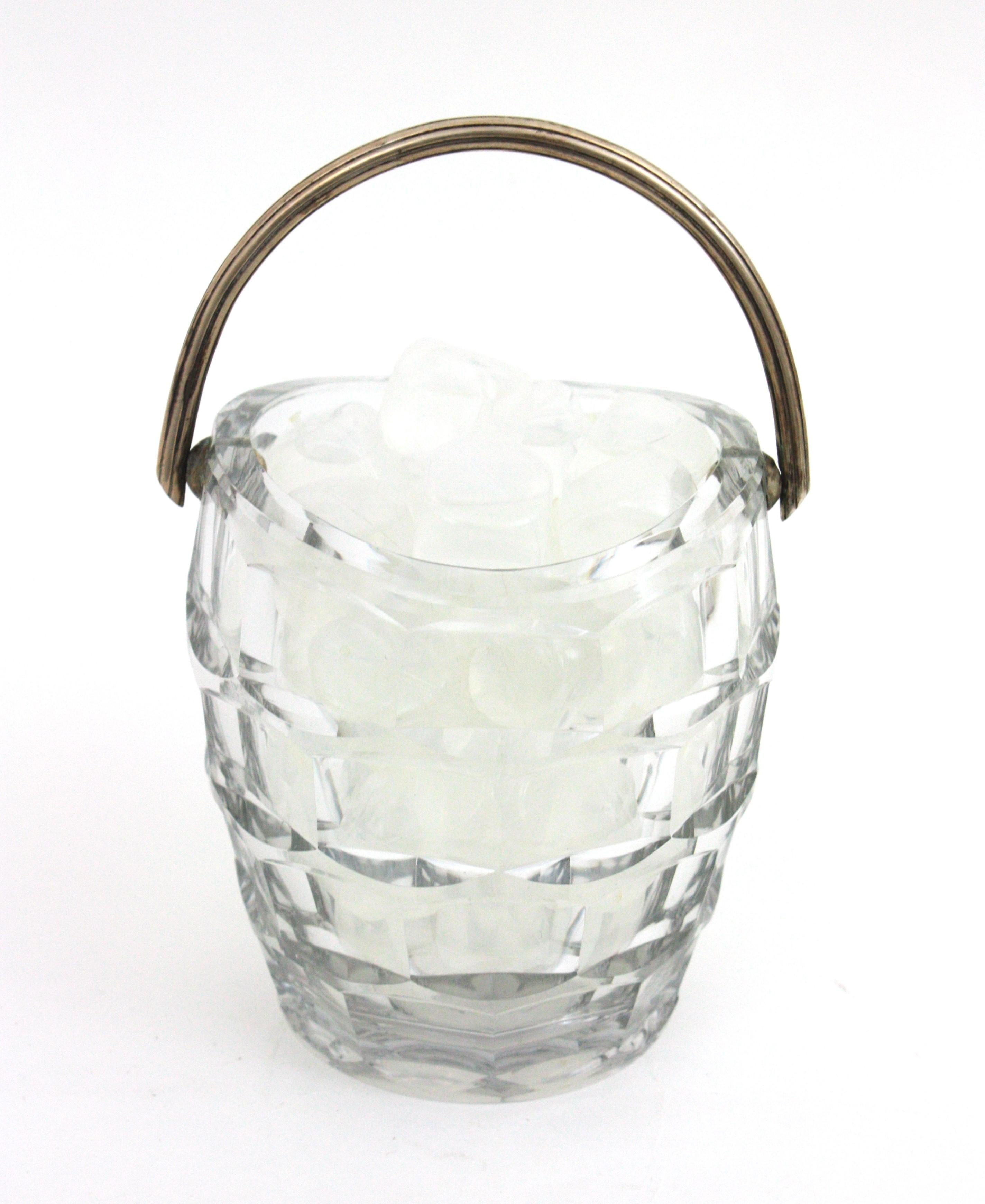 Faceted Midcentury Baccarat Cut Crystal and Silver Ice Bucket, 1950s For Sale