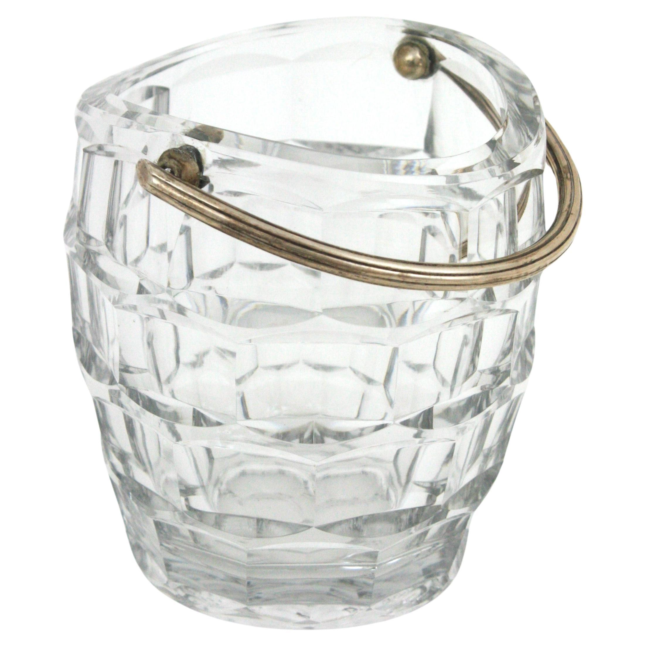Midcentury Baccarat Cut Crystal and Silver Ice Bucket, 1950s For Sale