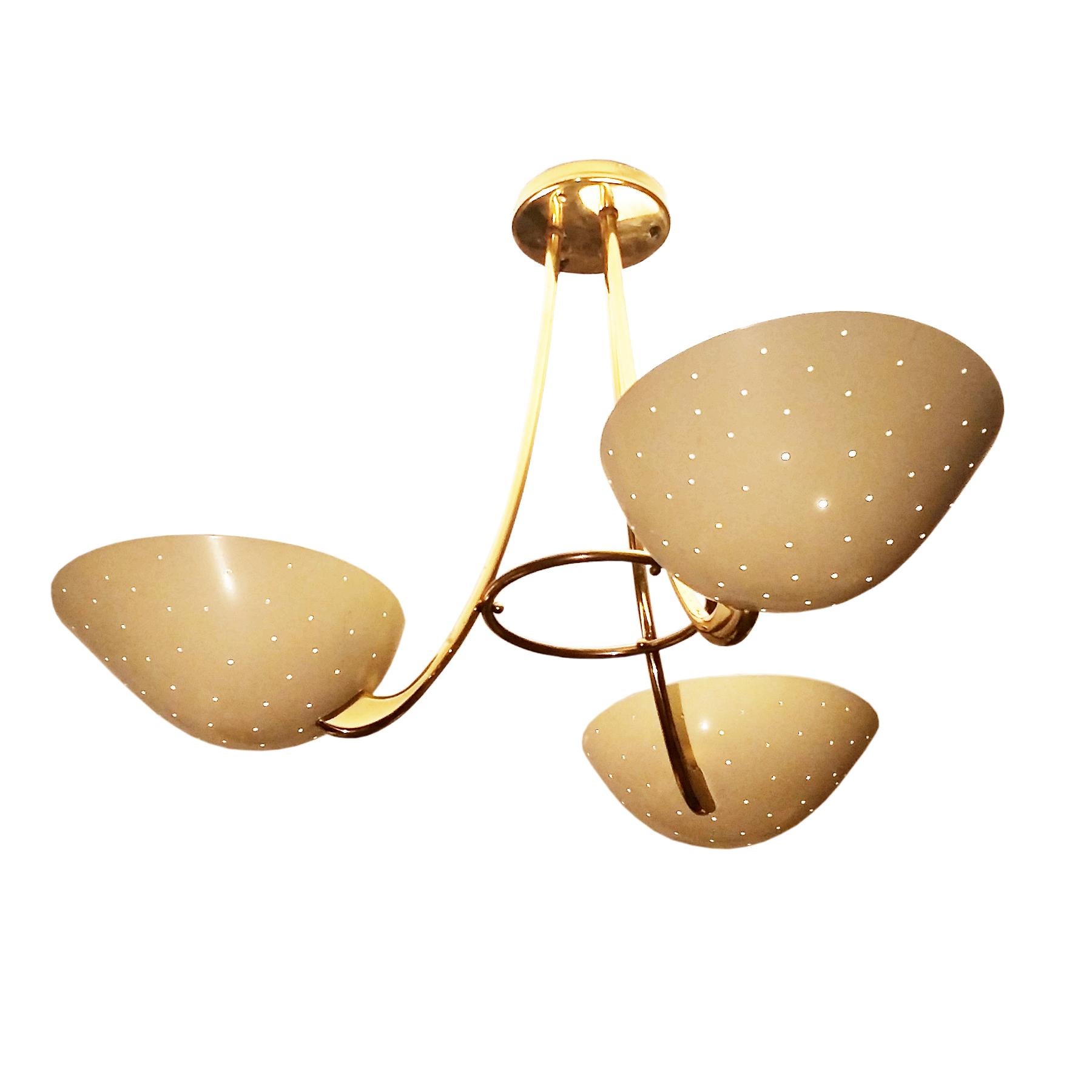 BAG Turgi chandelier from the 1950s, with three bulbs.
The Bronzewarenfabrik AG is an iconic Swiss company, that started in 1909 to produce very high end bronze items, such as lighting. The quality and the design is a good example of the 