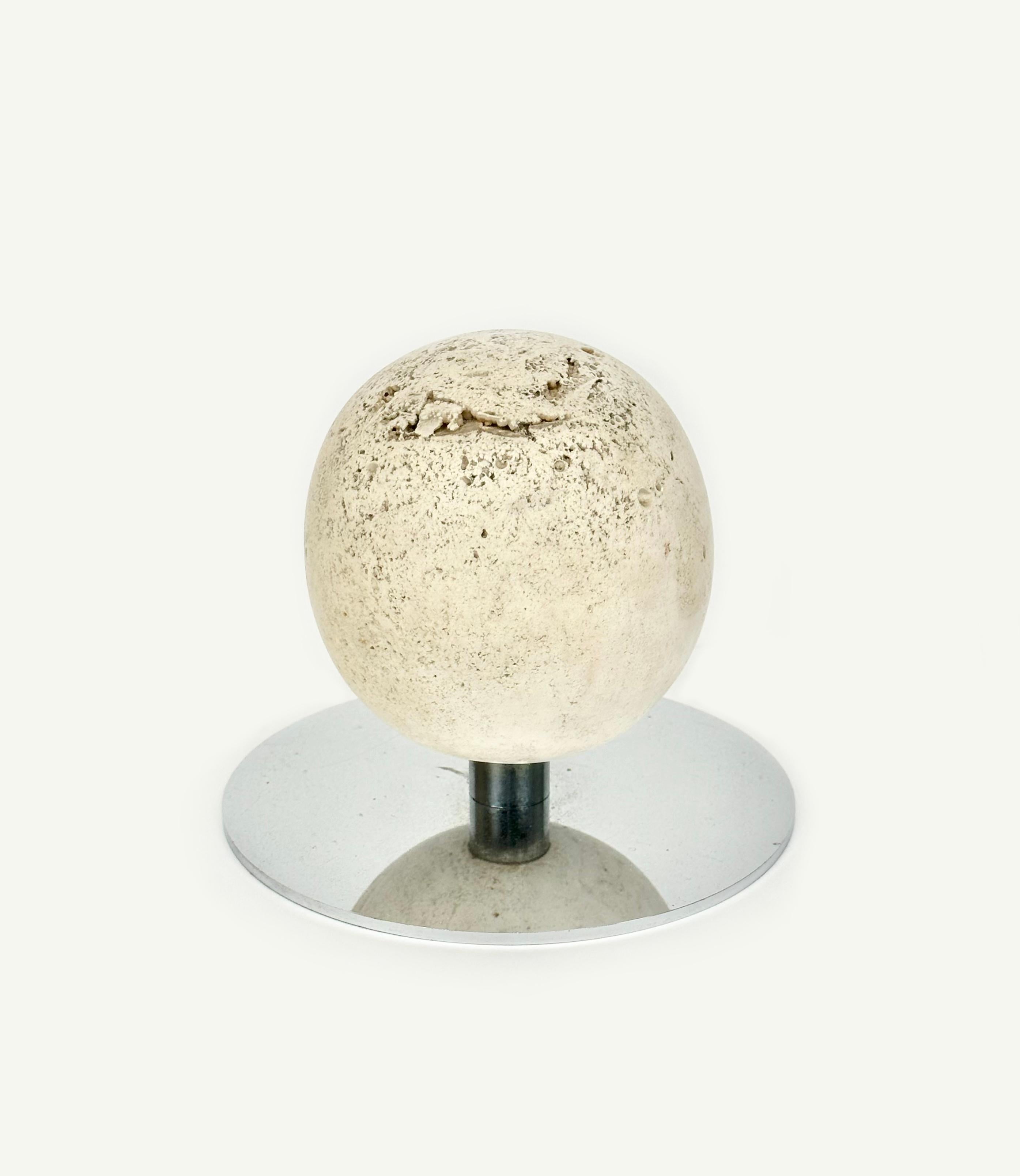 Mid-Century Modern Mid-Century Ball Sculpture Paperweight in Steel and Travertine, Italy, 1970s For Sale