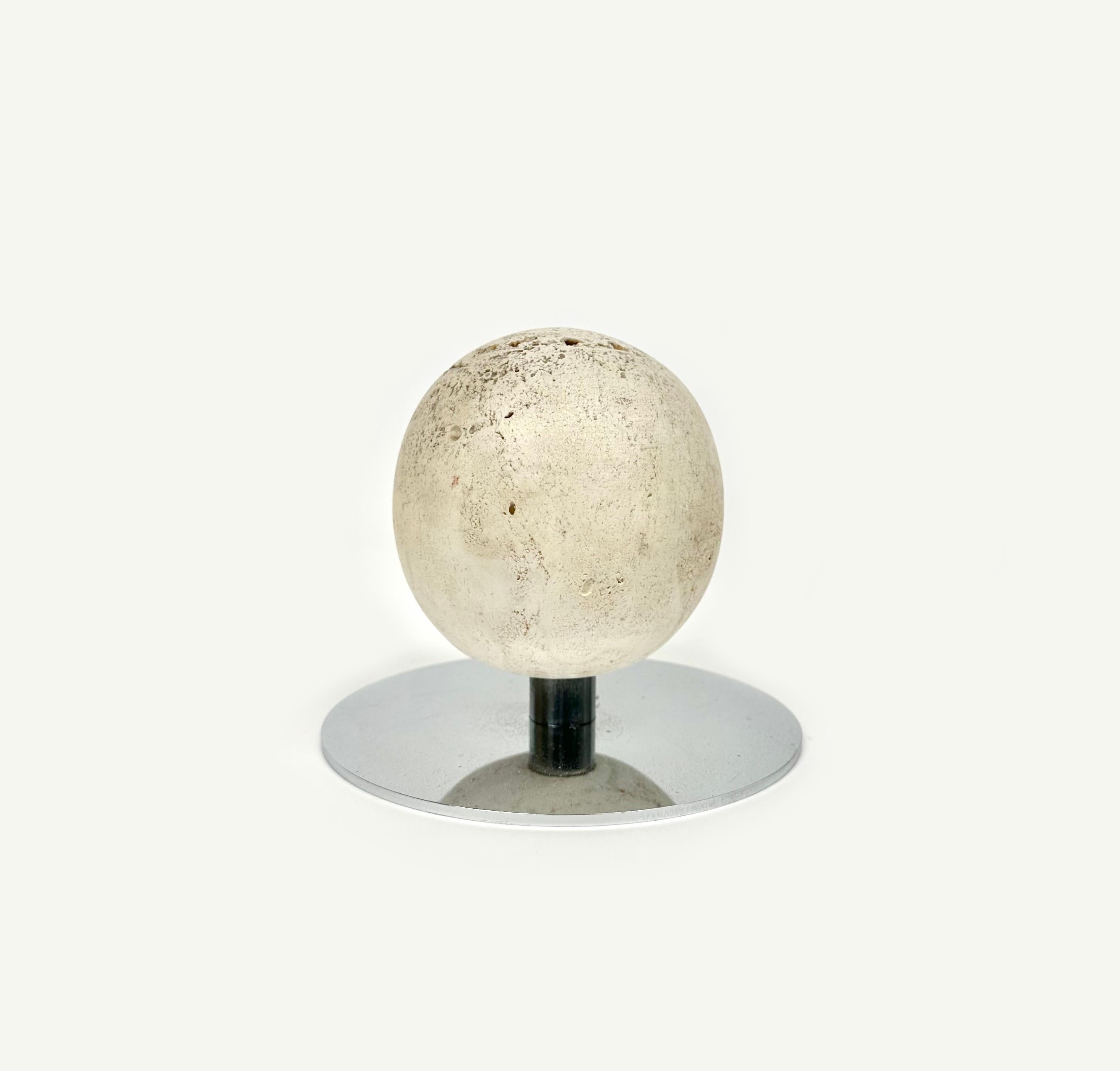 Italian Mid-Century Ball Sculpture Paperweight in Steel and Travertine, Italy, 1970s For Sale