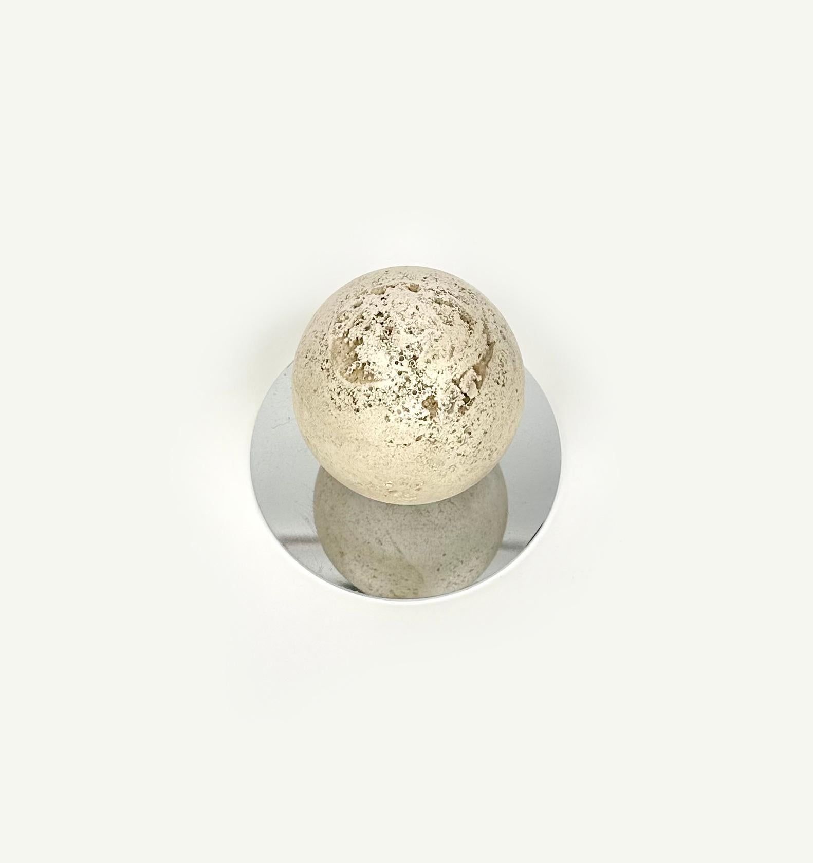 Mid-Century Ball Sculpture Paperweight in Steel and Travertine, Italy, 1970s In Good Condition For Sale In Rome, IT