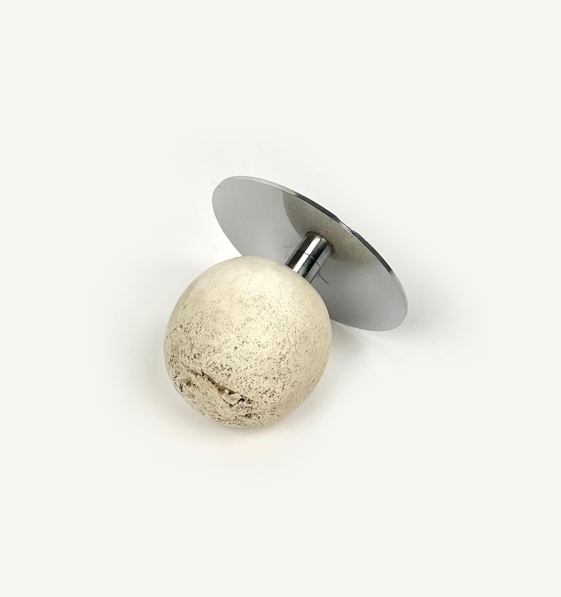 Late 20th Century Mid-Century Ball Sculpture Paperweight in Steel and Travertine, Italy, 1970s For Sale