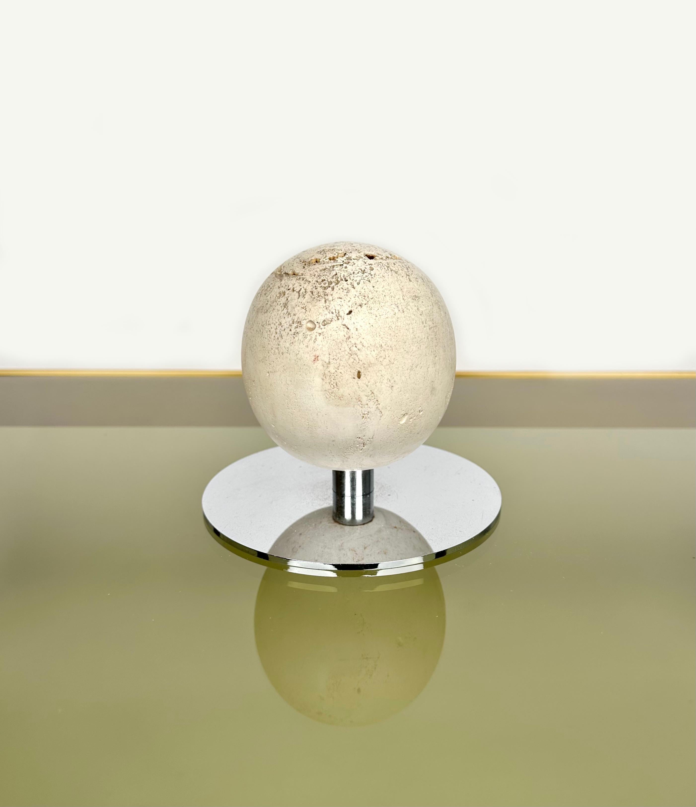 Mid-Century Ball Sculpture Paperweight in Steel and Travertine, Italy, 1970s For Sale 1