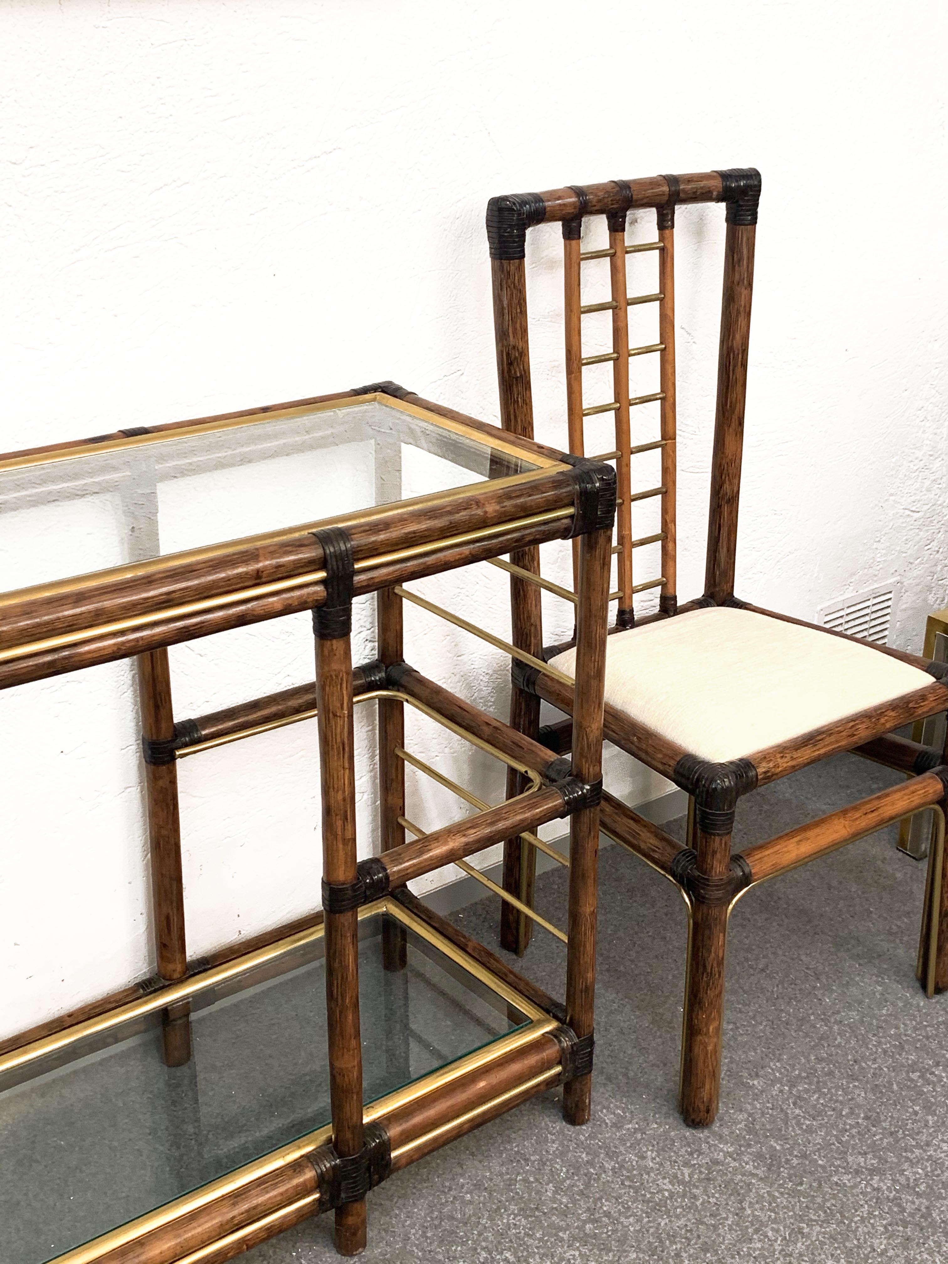 Midcentury Bamboo and Brass Console Table, Wall Mirror and Chairs, Italy, 1980s 3