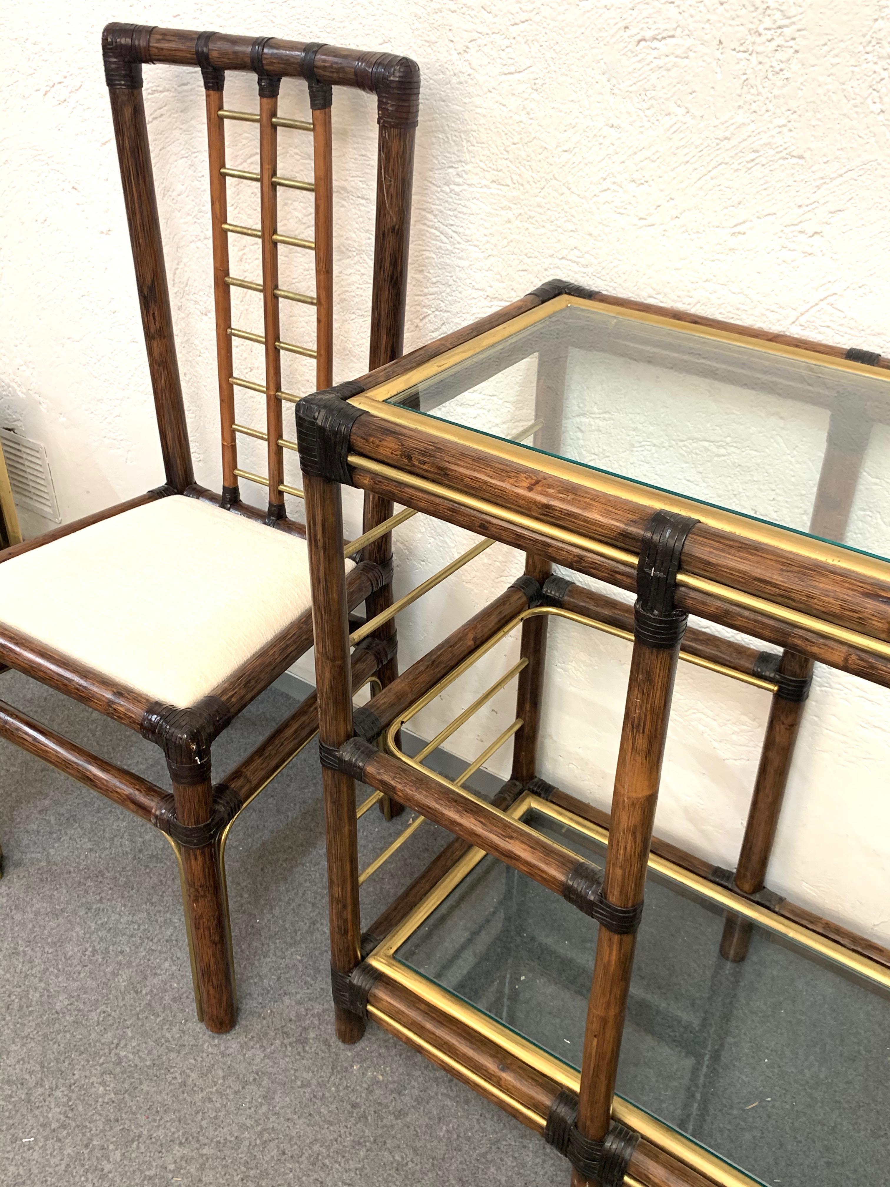 Midcentury Bamboo and Brass Console Table, Wall Mirror and Chairs, Italy, 1980s 6