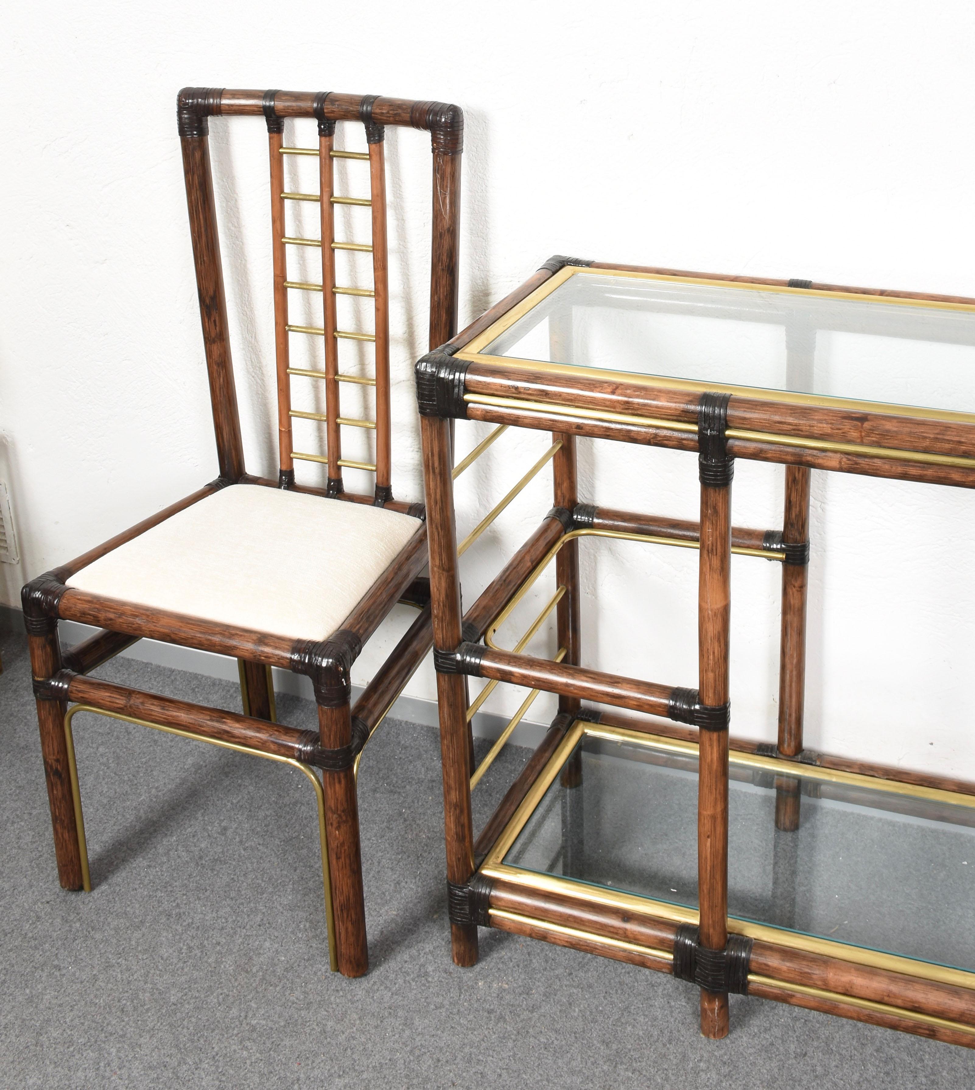Midcentury Bamboo and Brass Console Table, Wall Mirror and Chairs, Italy, 1980s 9