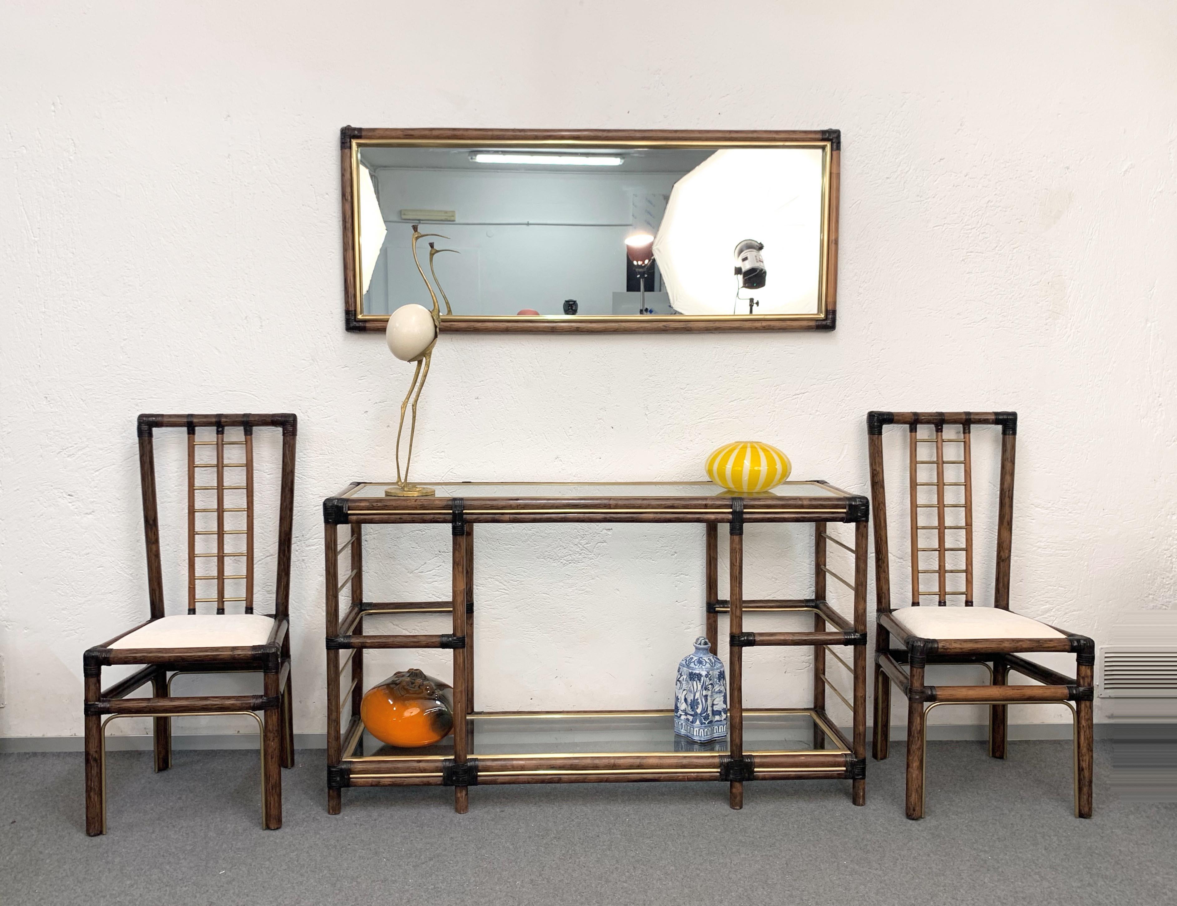 Midcentury Bamboo and Brass Console Table, Wall Mirror and Chairs, Italy, 1980s (Moderne der Mitte des Jahrhunderts)