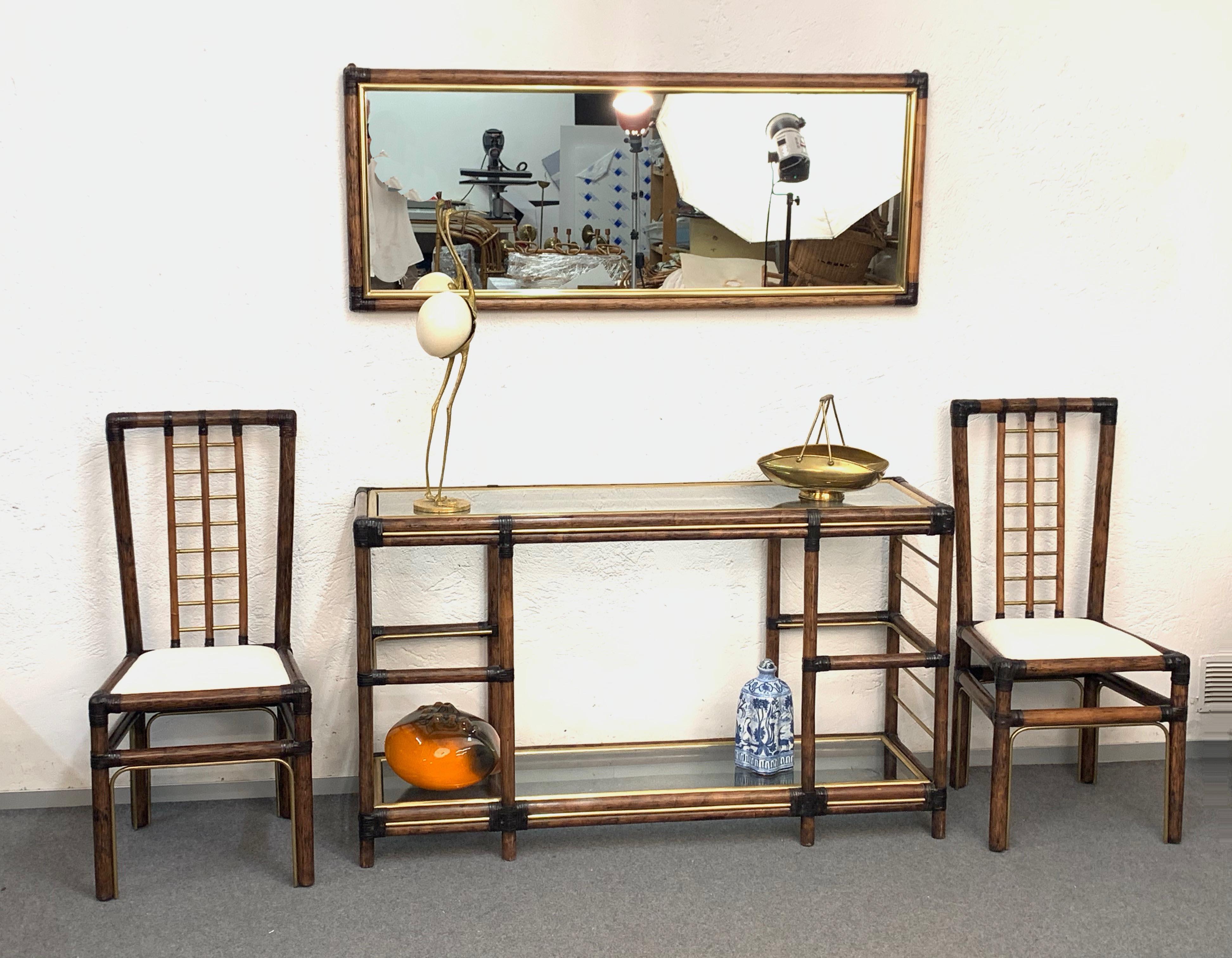 Midcentury Bamboo and Brass Console Table, Wall Mirror and Chairs, Italy, 1980s (Italienisch)