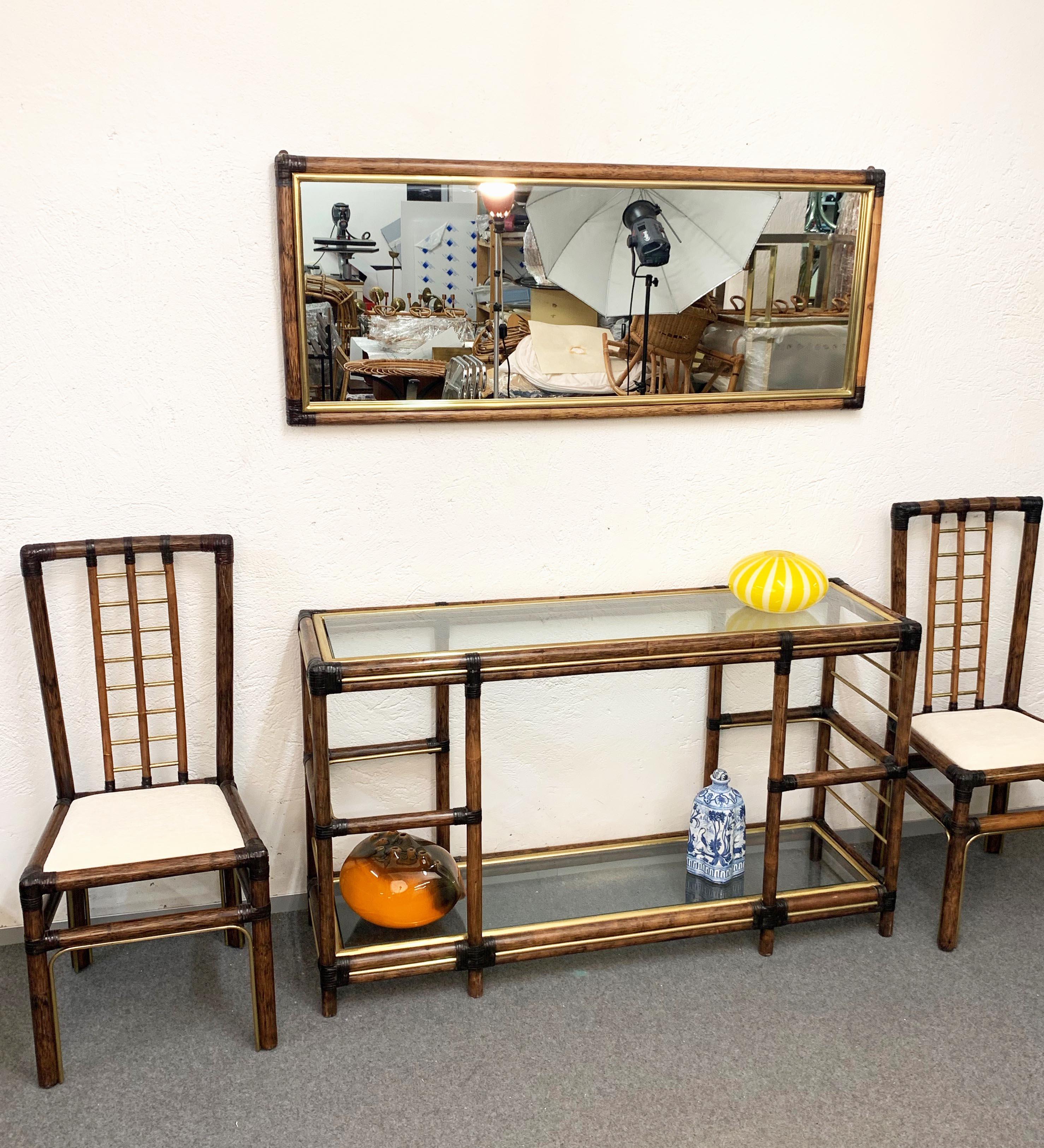 Mid-Century Modern Midcentury Bamboo and Brass Console Table, Wall Mirror and Chairs, Italy, 1980s