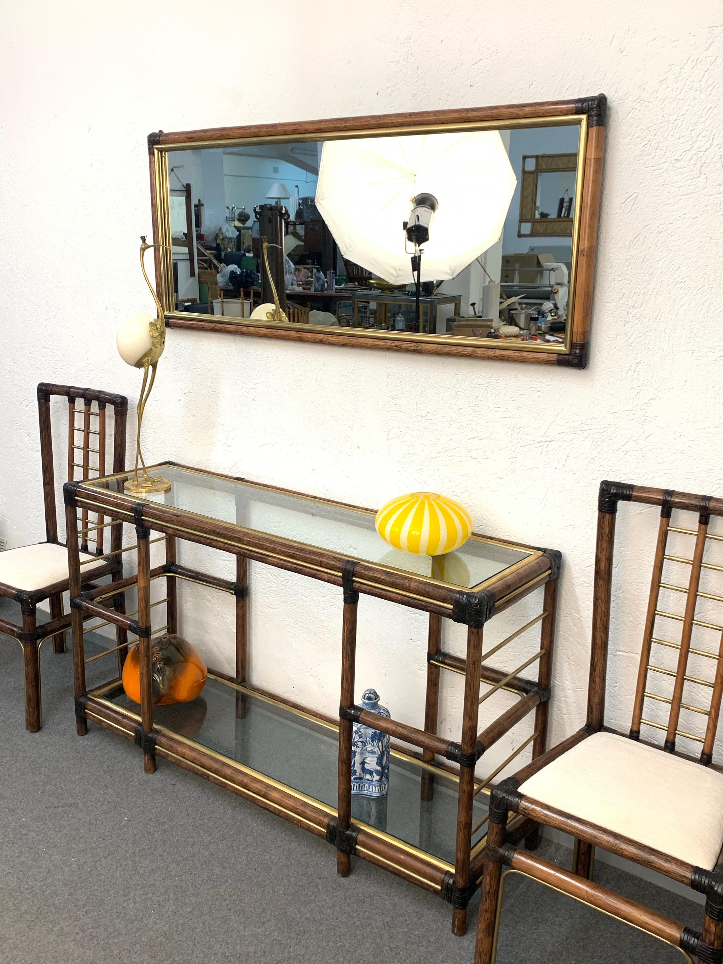 Midcentury Bamboo and Brass Console Table, Wall Mirror and Chairs, Italy, 1980s In Good Condition In Roma, IT