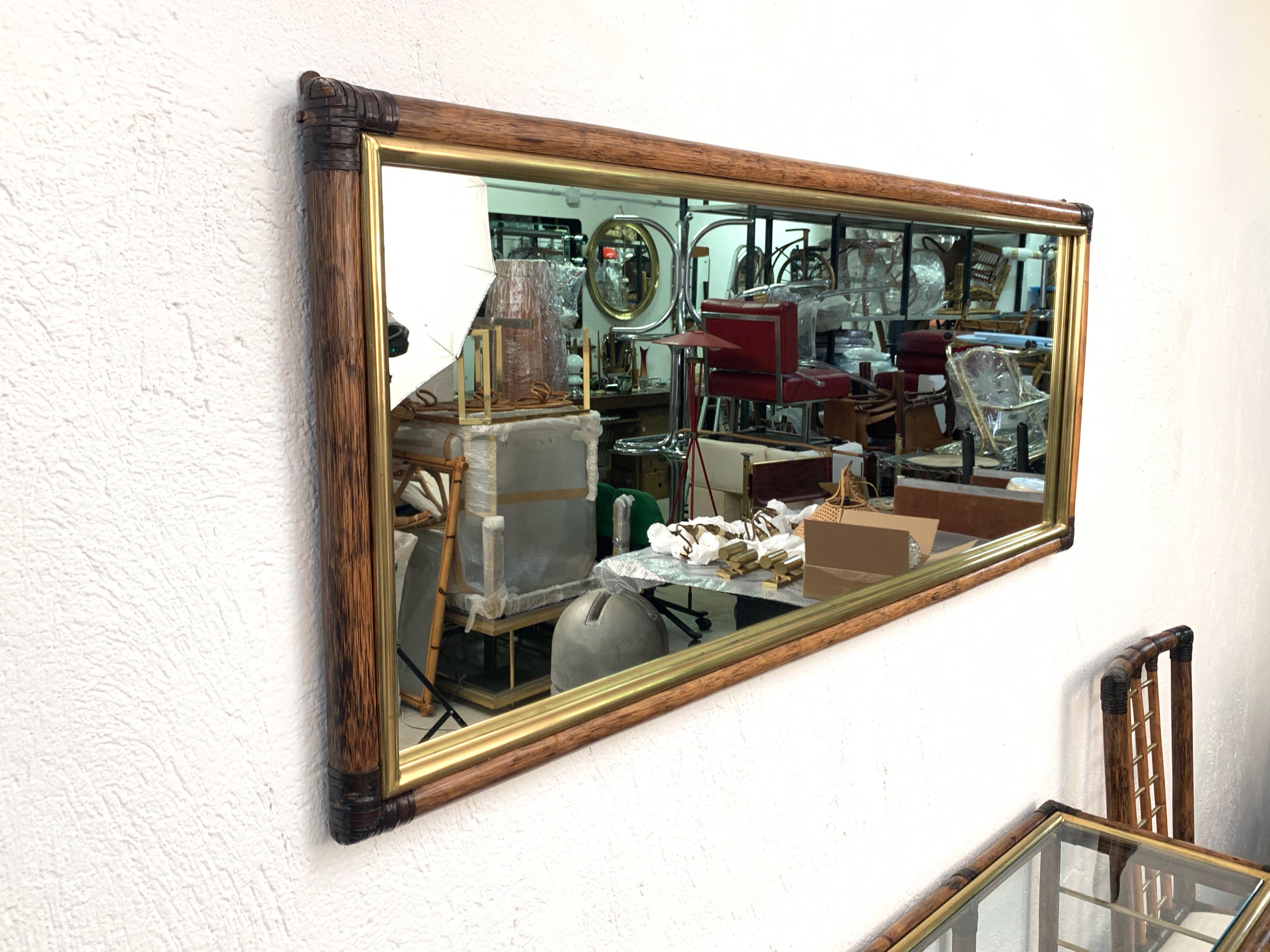 Midcentury Bamboo and Brass Console Table, Wall Mirror and Chairs, Italy, 1980s 1