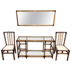 Midcentury Bamboo and Brass Console Table, Wall Mirror and Chairs, Italy, 1980s