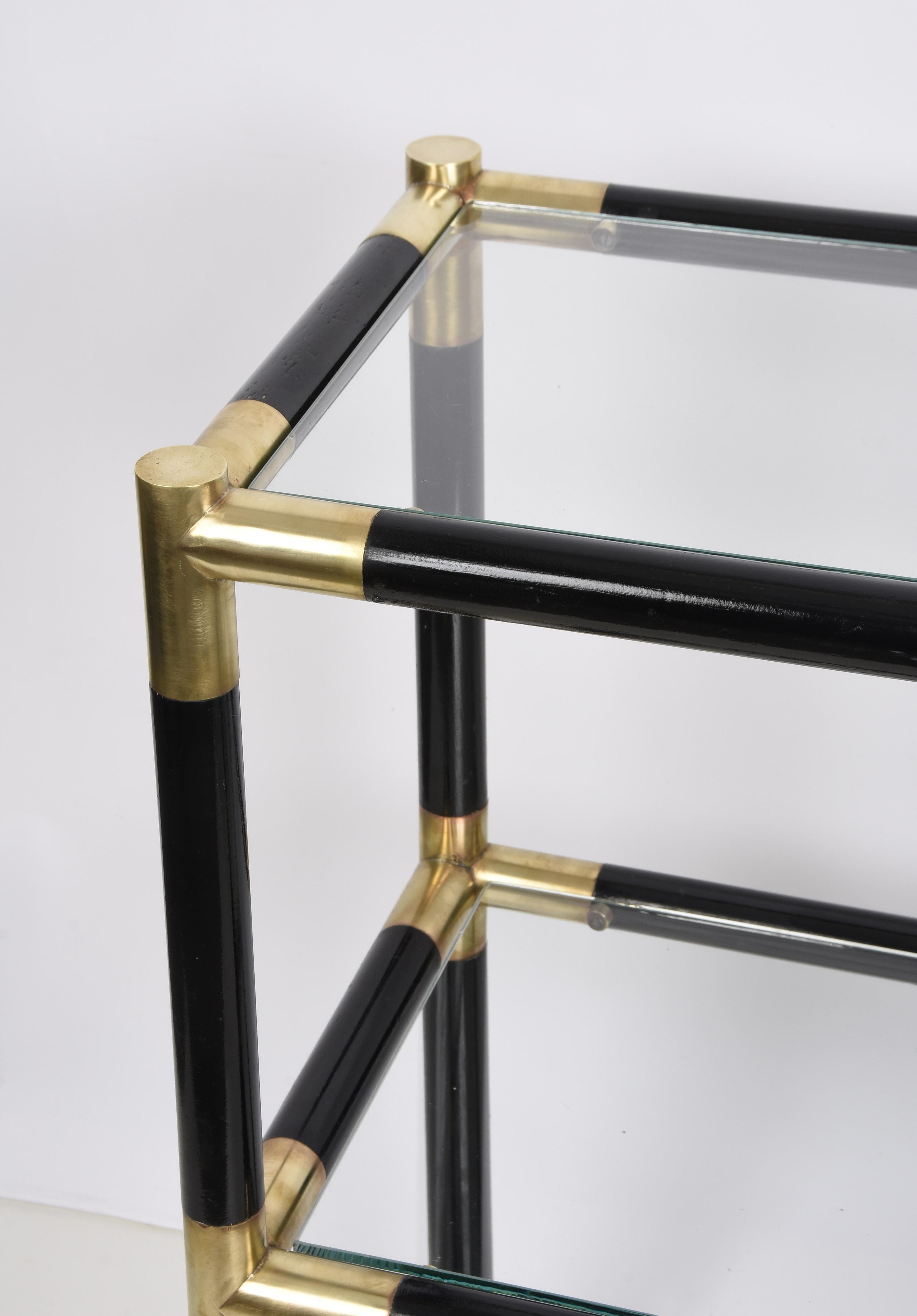 Midcentury Bamboo and Brass Italian Bookcase with Three Crystal Shelves, 1970s 1