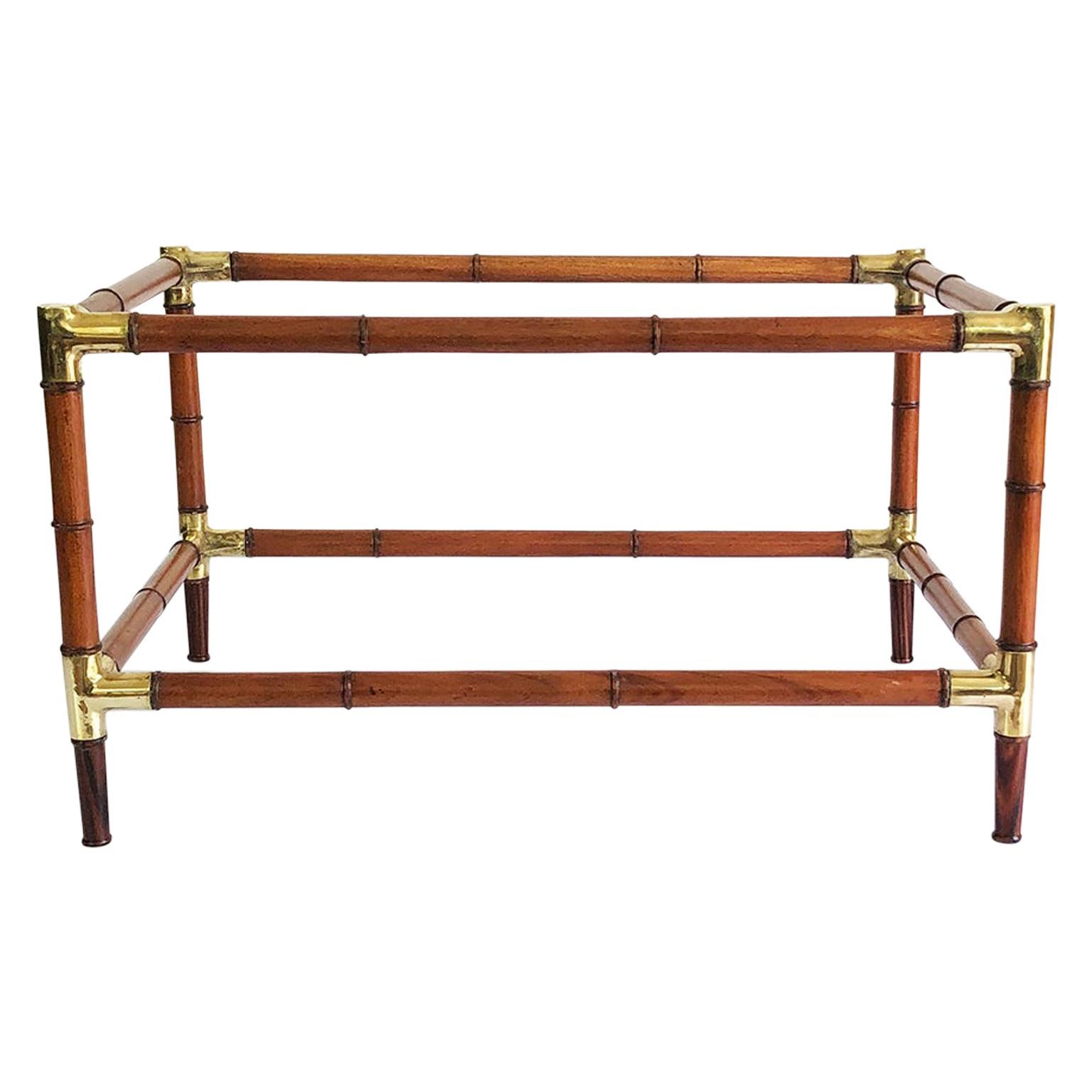 Midcentury Bamboo and Brass Mexican Center Table with Two Crystal Shelves. For Sale