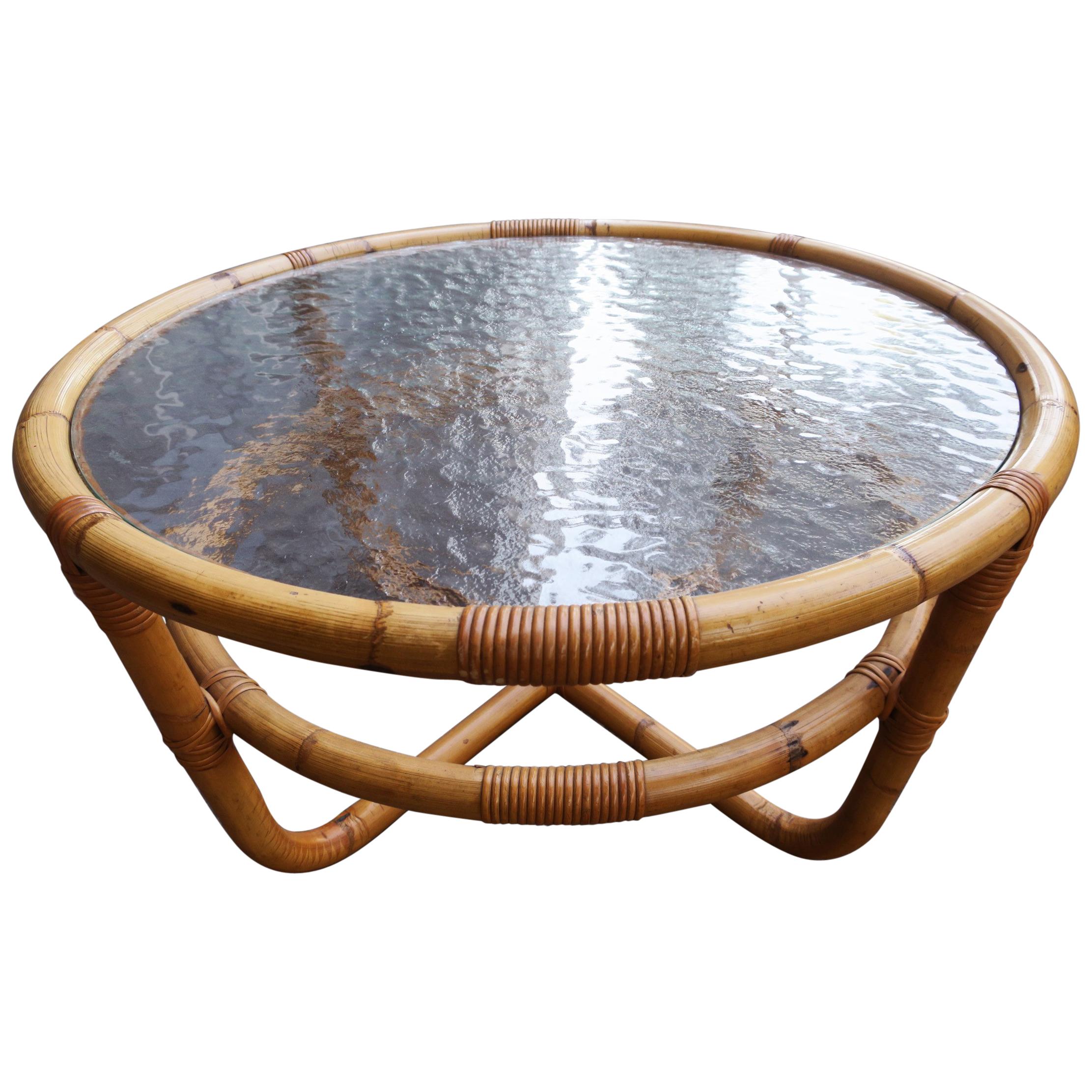 Midcentury Bamboo and Frosted Glass Coffee Table For Sale