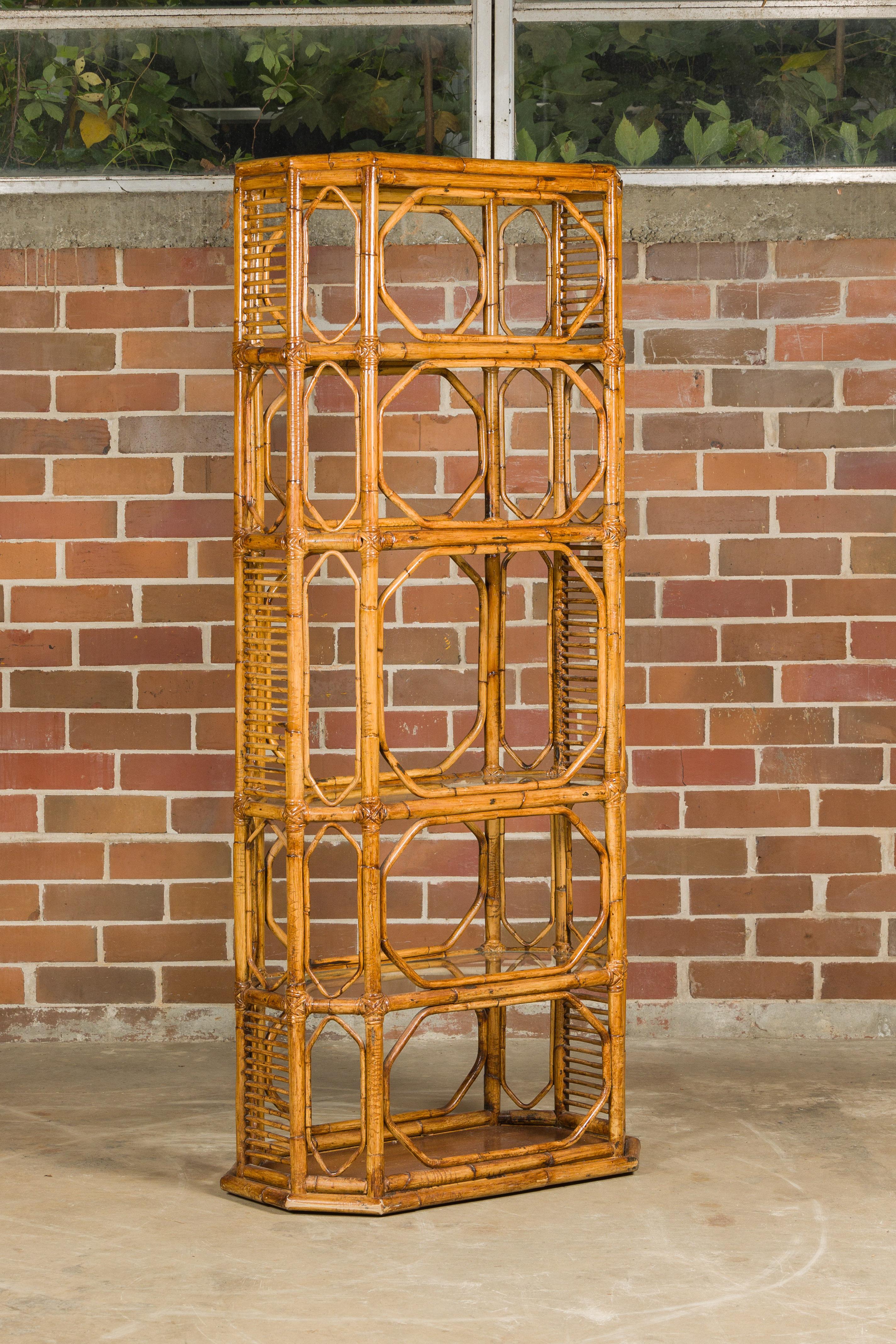 Midcentury Bamboo and Glass Etagère with Five Shelves and Geometric Accents For Sale 8