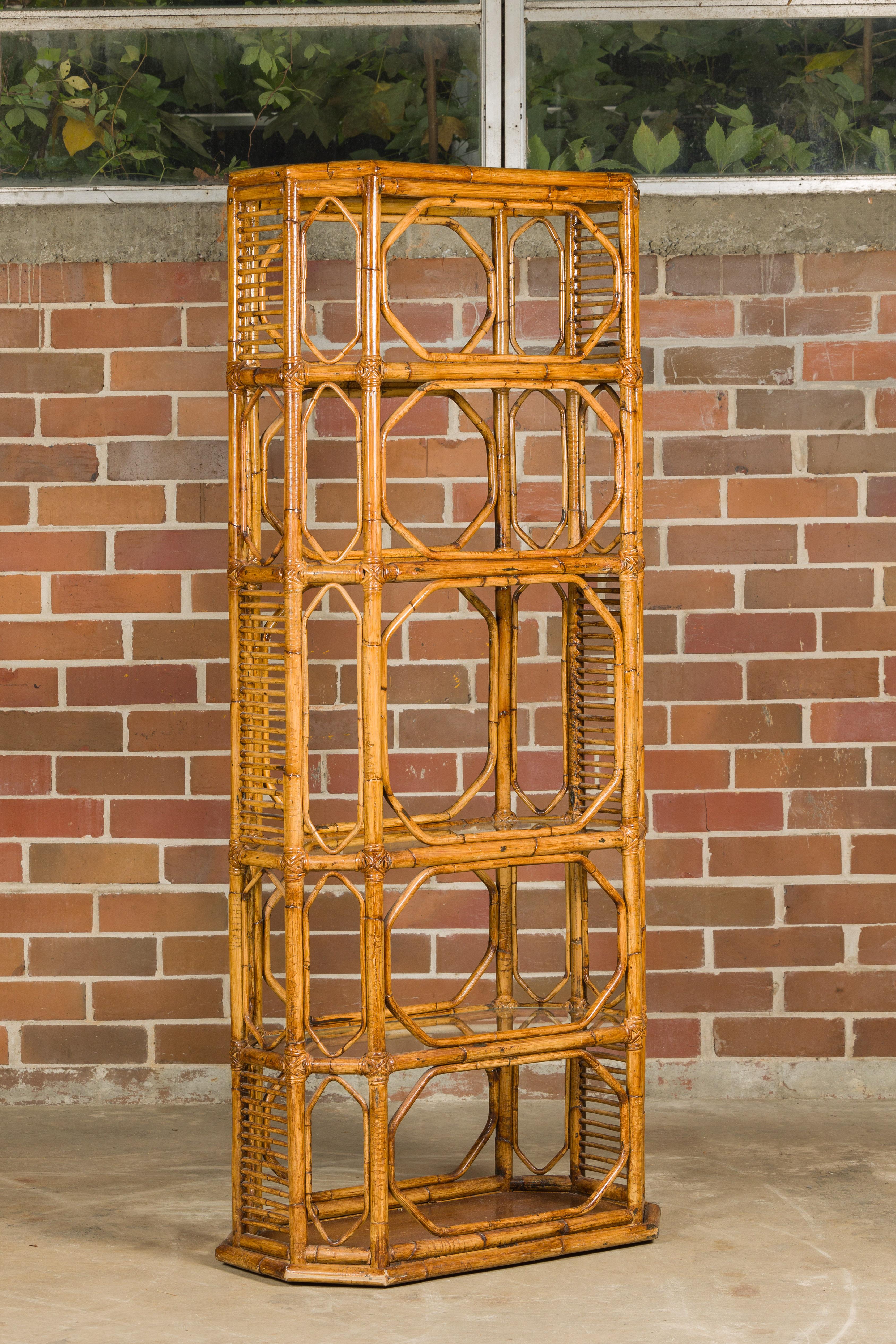 Midcentury Bamboo and Glass Etagère with Five Shelves and Geometric Accents For Sale 9