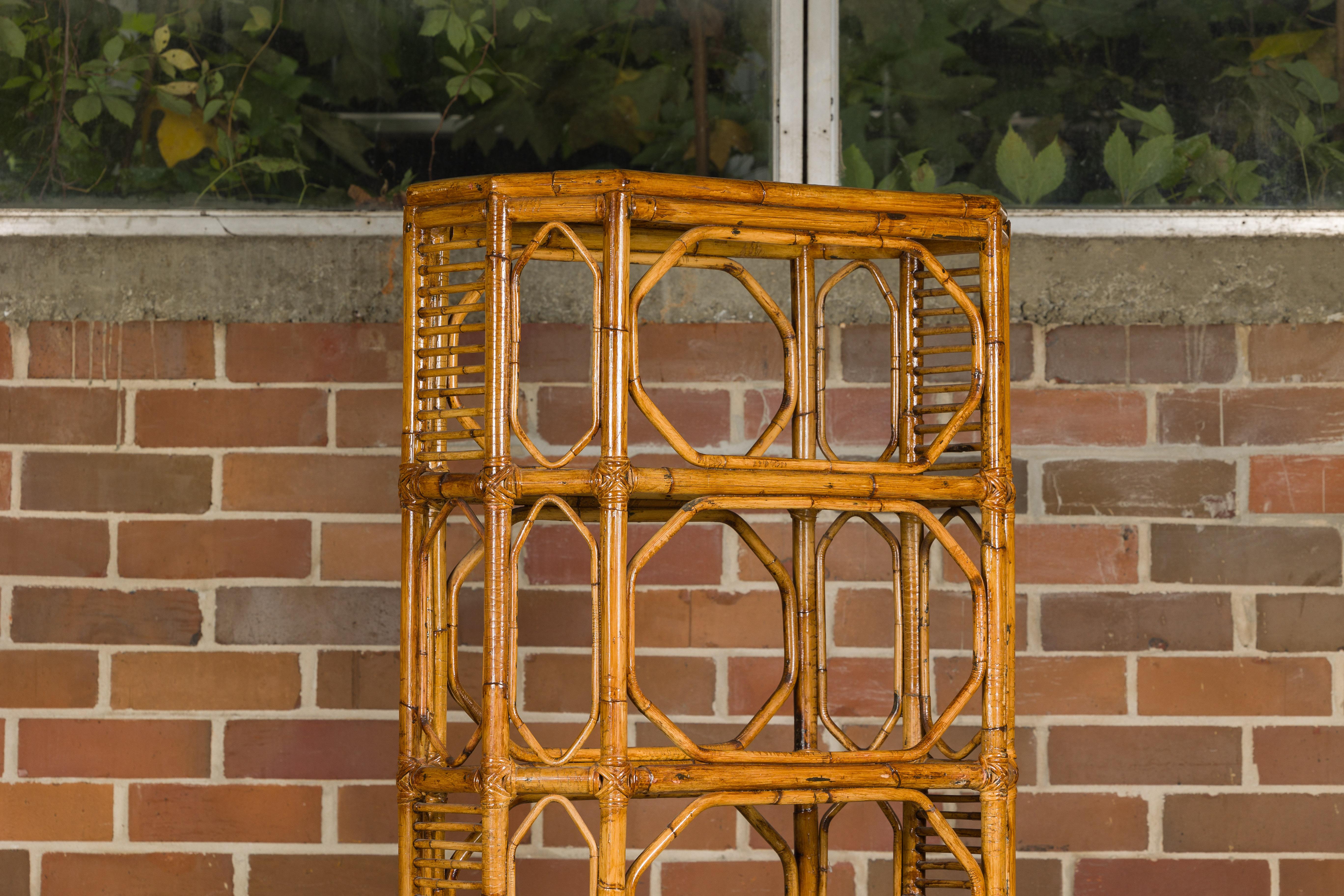 Midcentury Bamboo and Glass Etagère with Five Shelves and Geometric Accents For Sale 10
