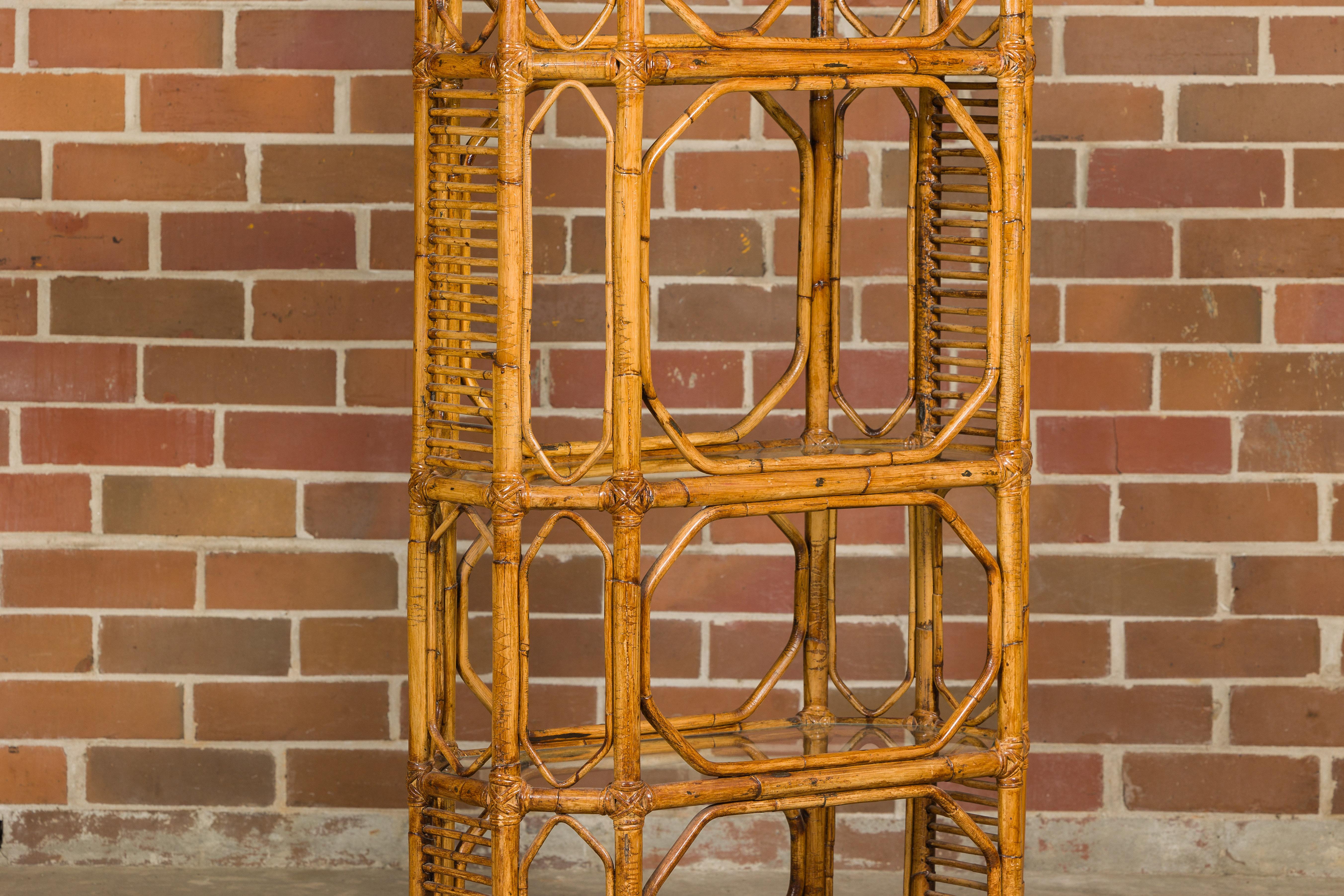 Midcentury Bamboo and Glass Etagère with Five Shelves and Geometric Accents For Sale 11