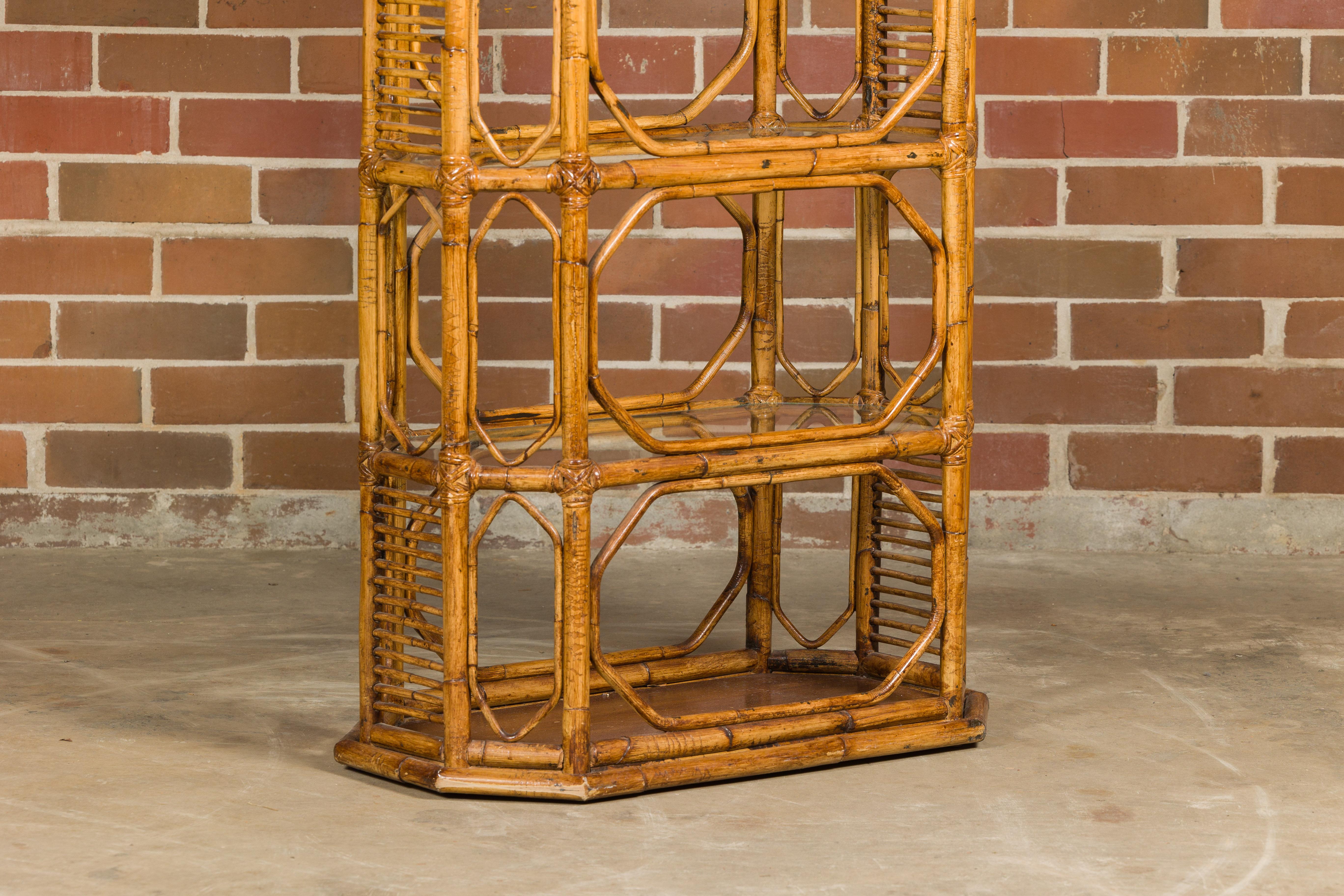 Midcentury Bamboo and Glass Etagère with Five Shelves and Geometric Accents For Sale 12