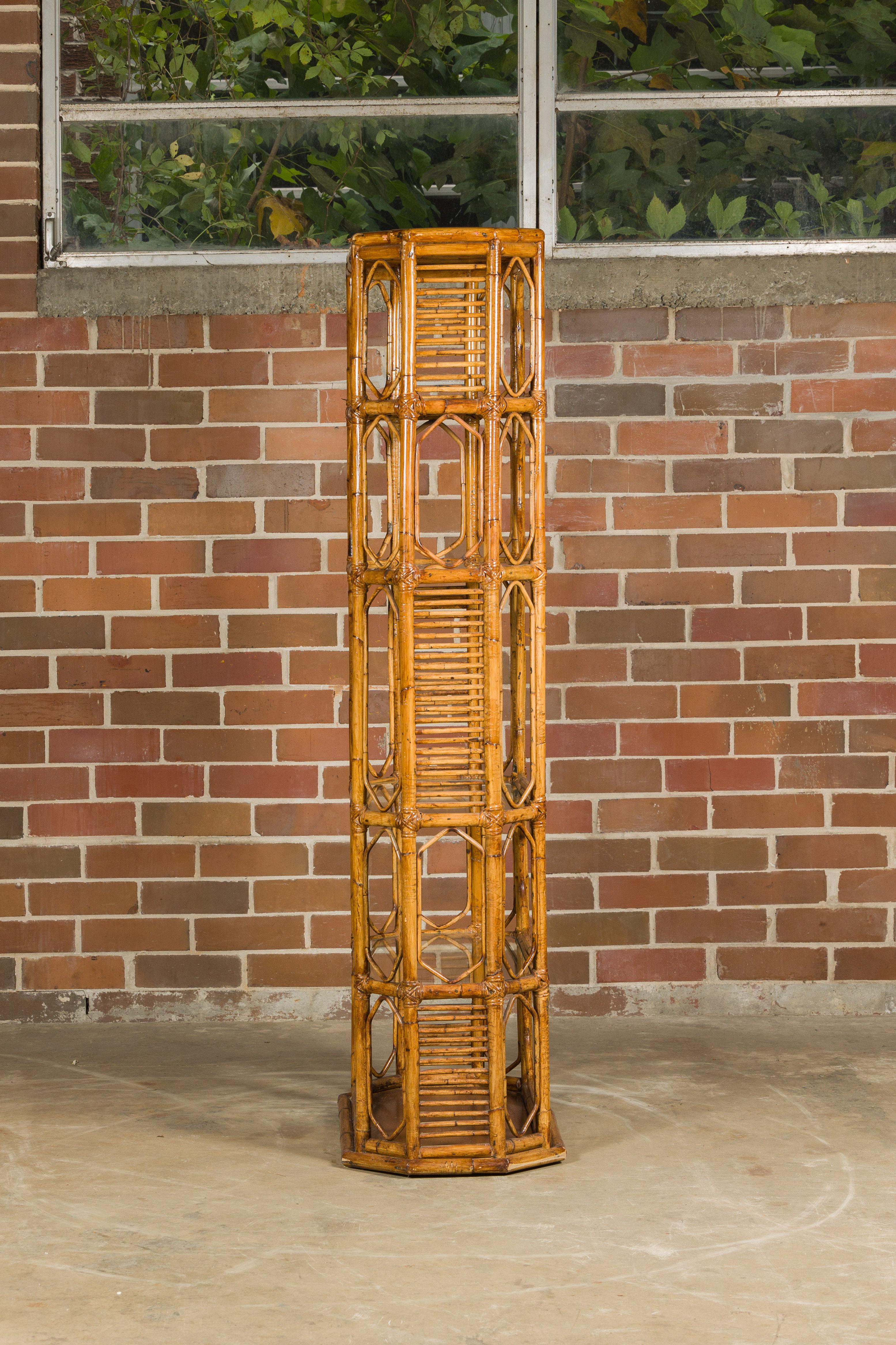 Midcentury Bamboo and Glass Etagère with Five Shelves and Geometric Accents For Sale 13