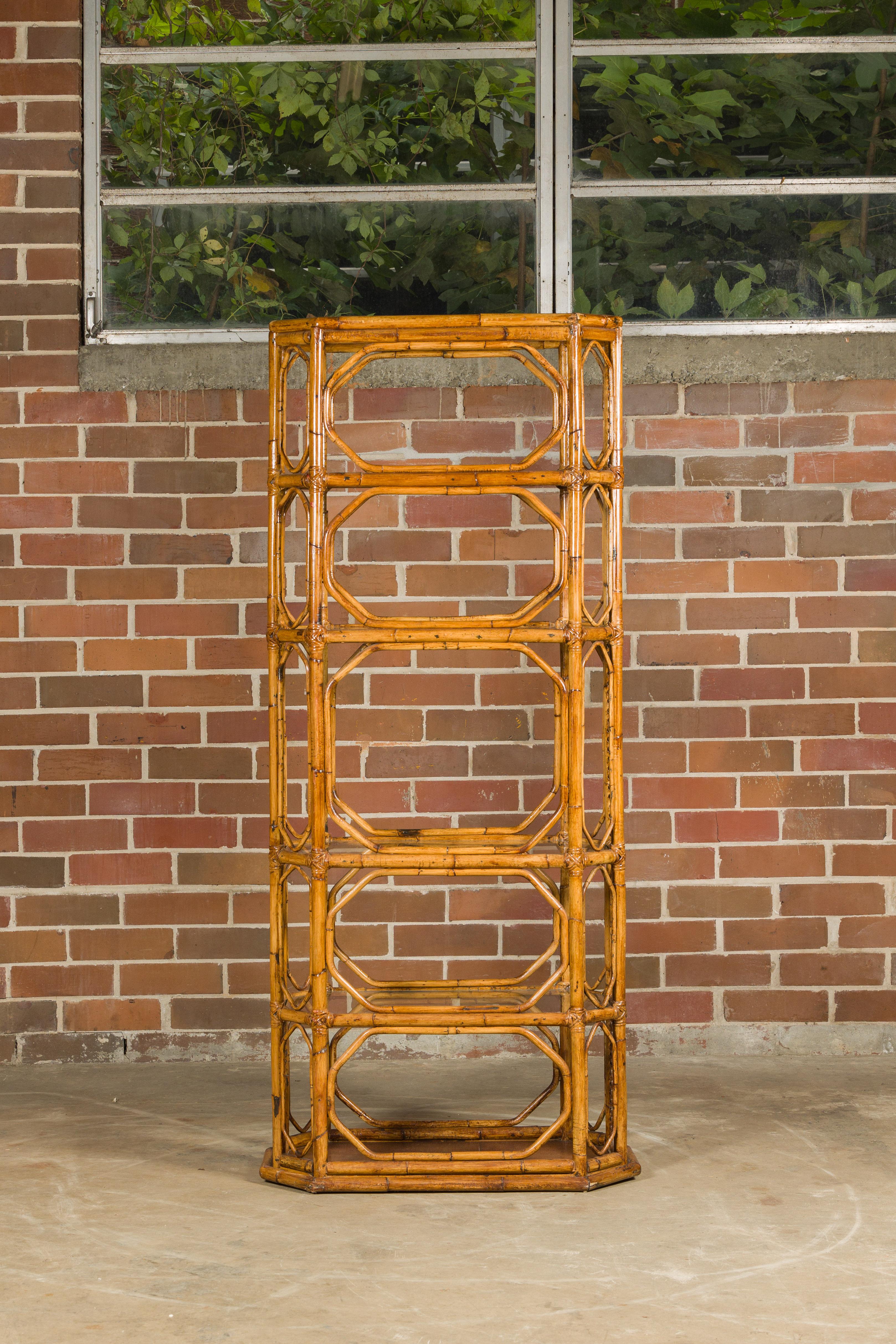 Midcentury Bamboo and Glass Etagère with Five Shelves and Geometric Accents For Sale 14