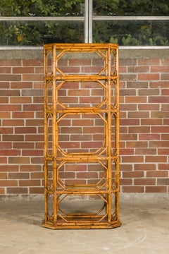 Midcentury Bamboo and Glass Etagère with Five Shelves and Geometric Accents