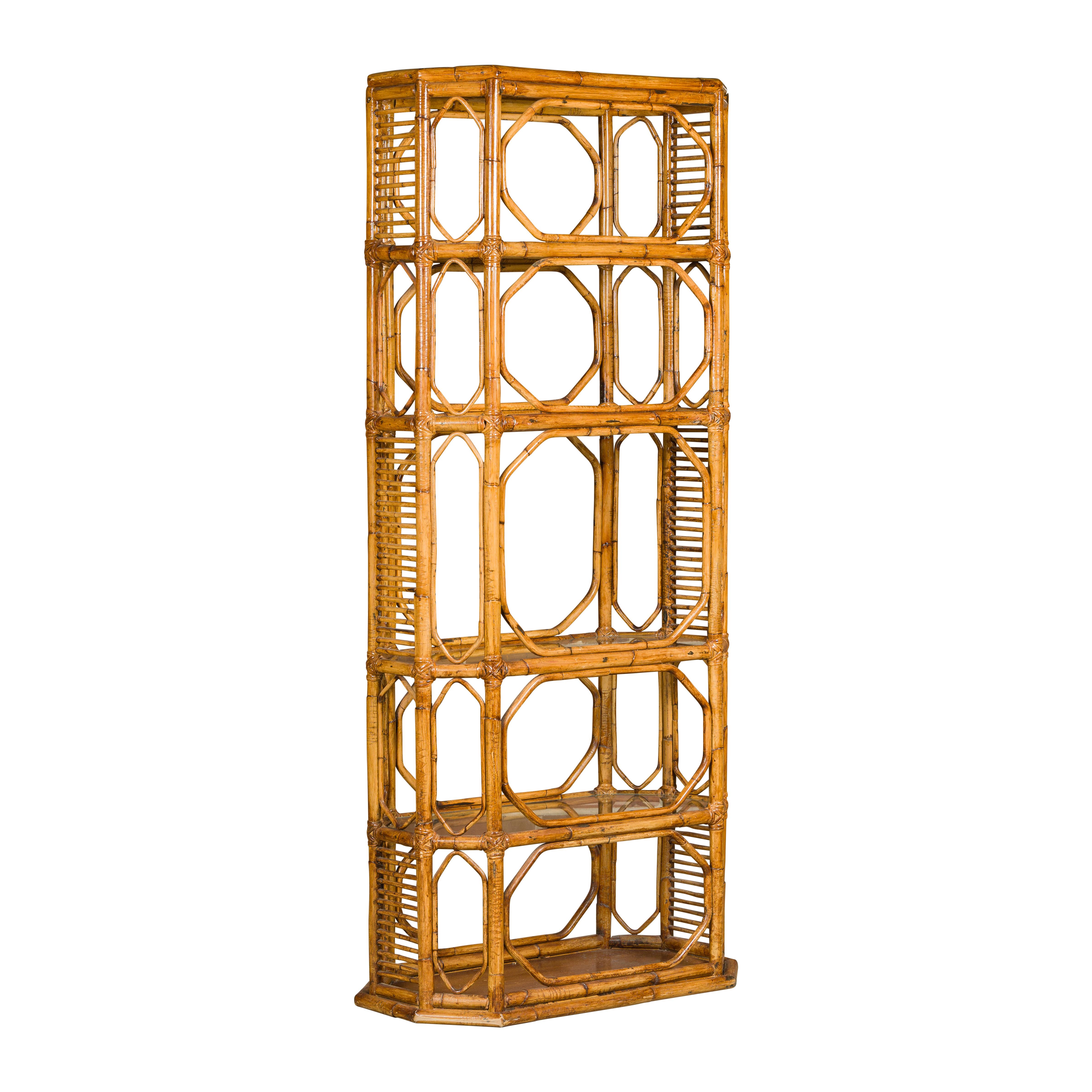 Midcentury Bamboo and Glass Etagère with Five Shelves and Geometric Accents For Sale 15