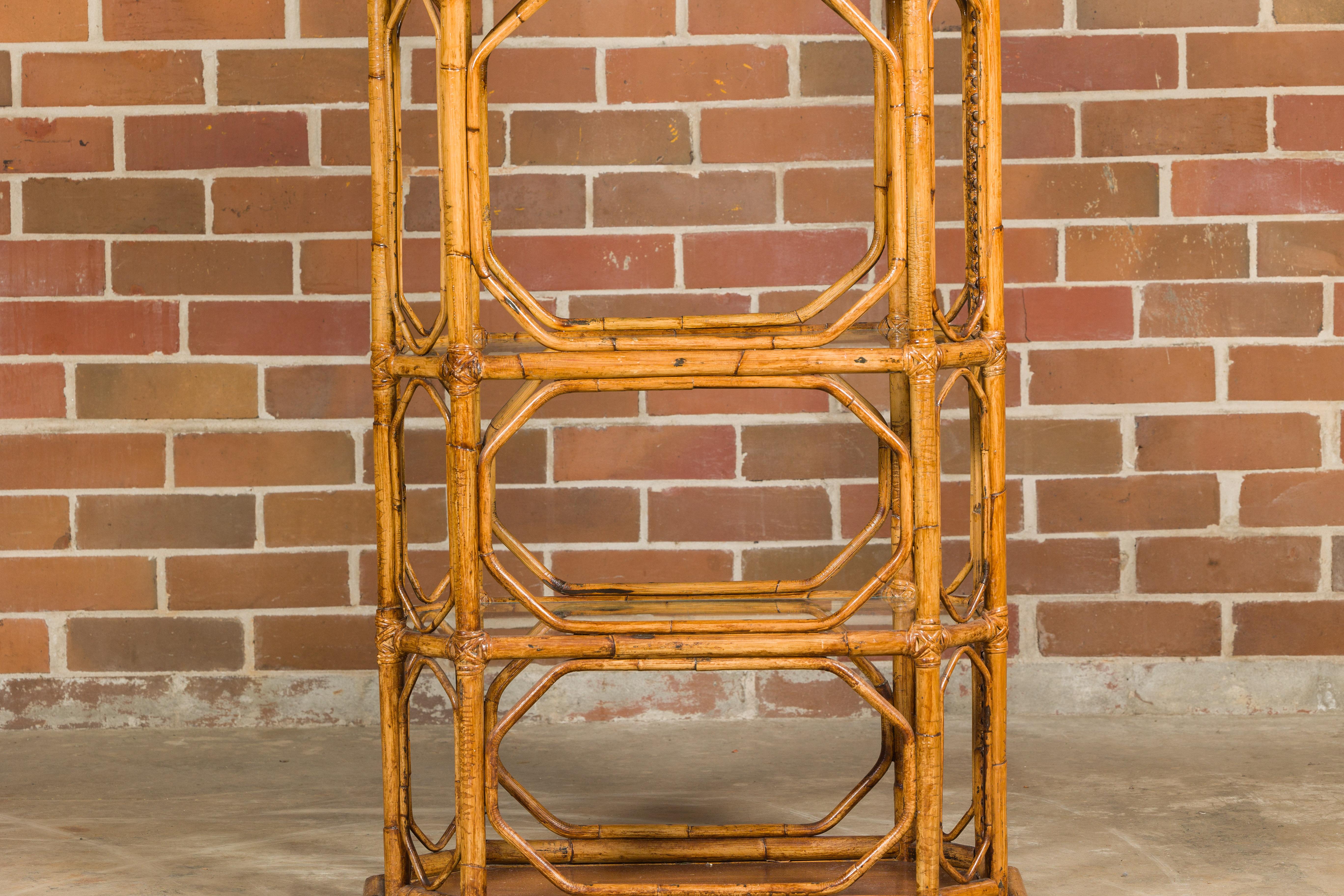 Midcentury Bamboo and Glass Etagère with Five Shelves and Geometric Accents In Good Condition For Sale In Atlanta, GA