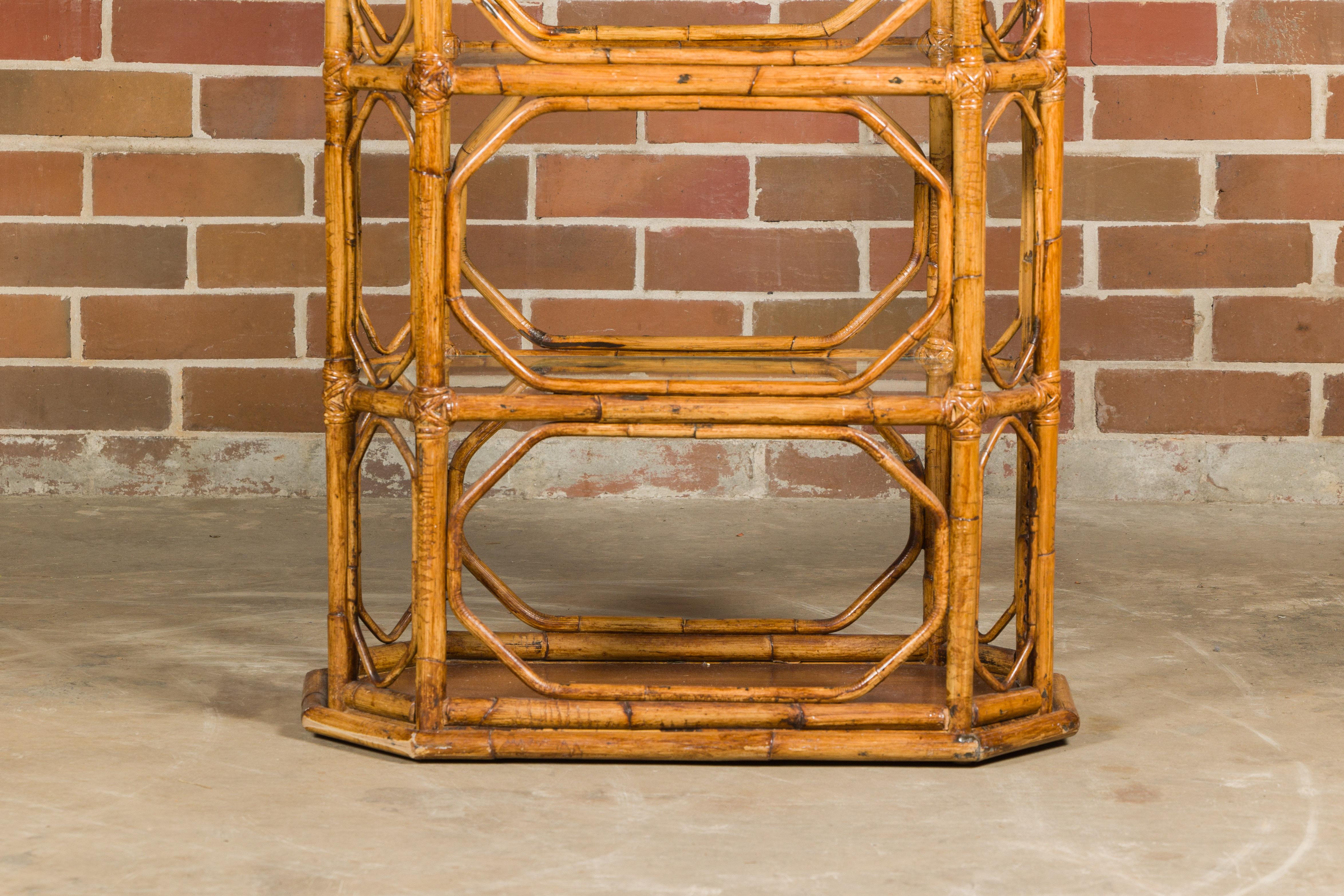 20th Century Midcentury Bamboo and Glass Etagère with Five Shelves and Geometric Accents For Sale