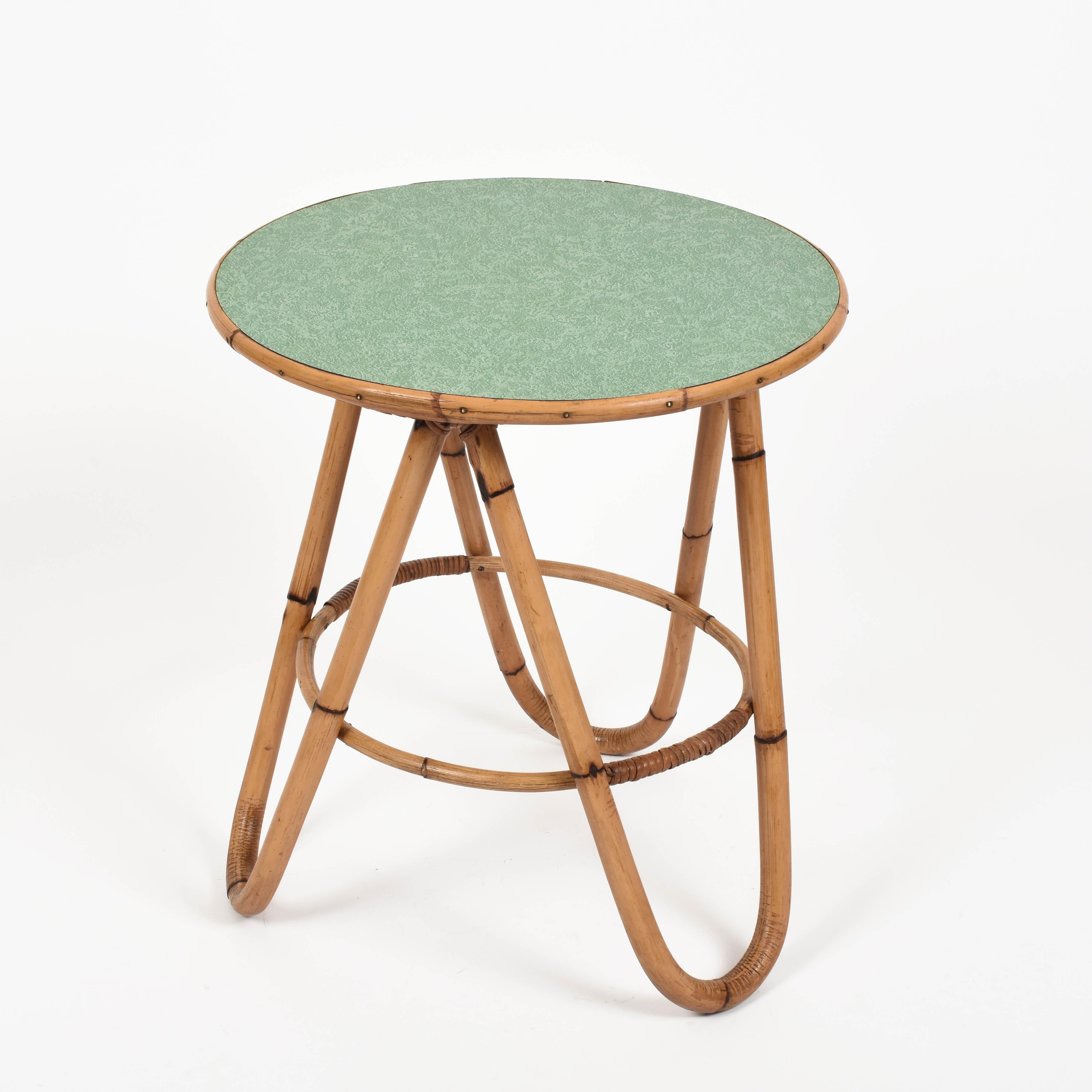 Midcentury Bamboo and Green Formica Round Side Italian Coffee Table, 1960s 2