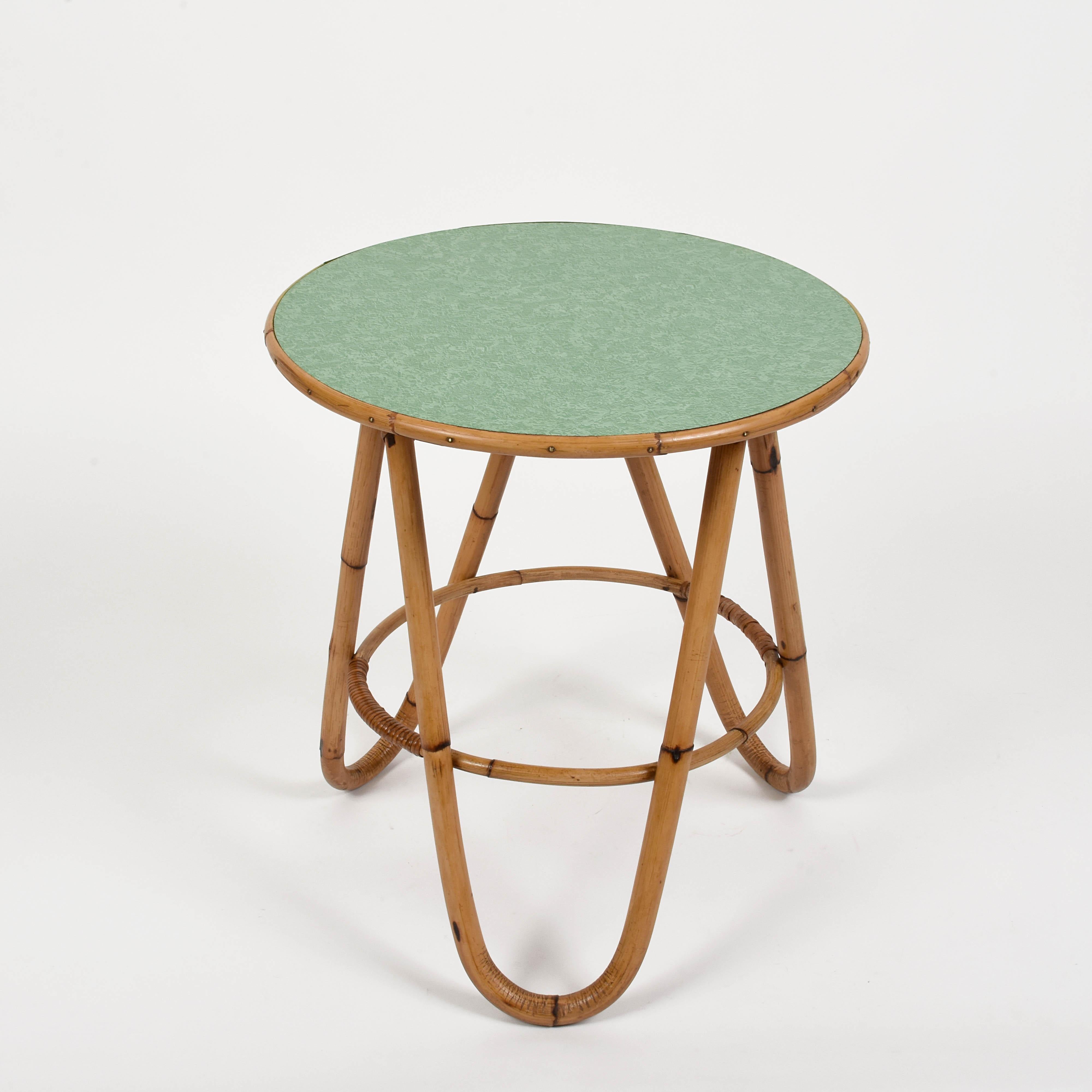 Midcentury Bamboo and Green Formica Round Side Italian Coffee Table, 1960s 4