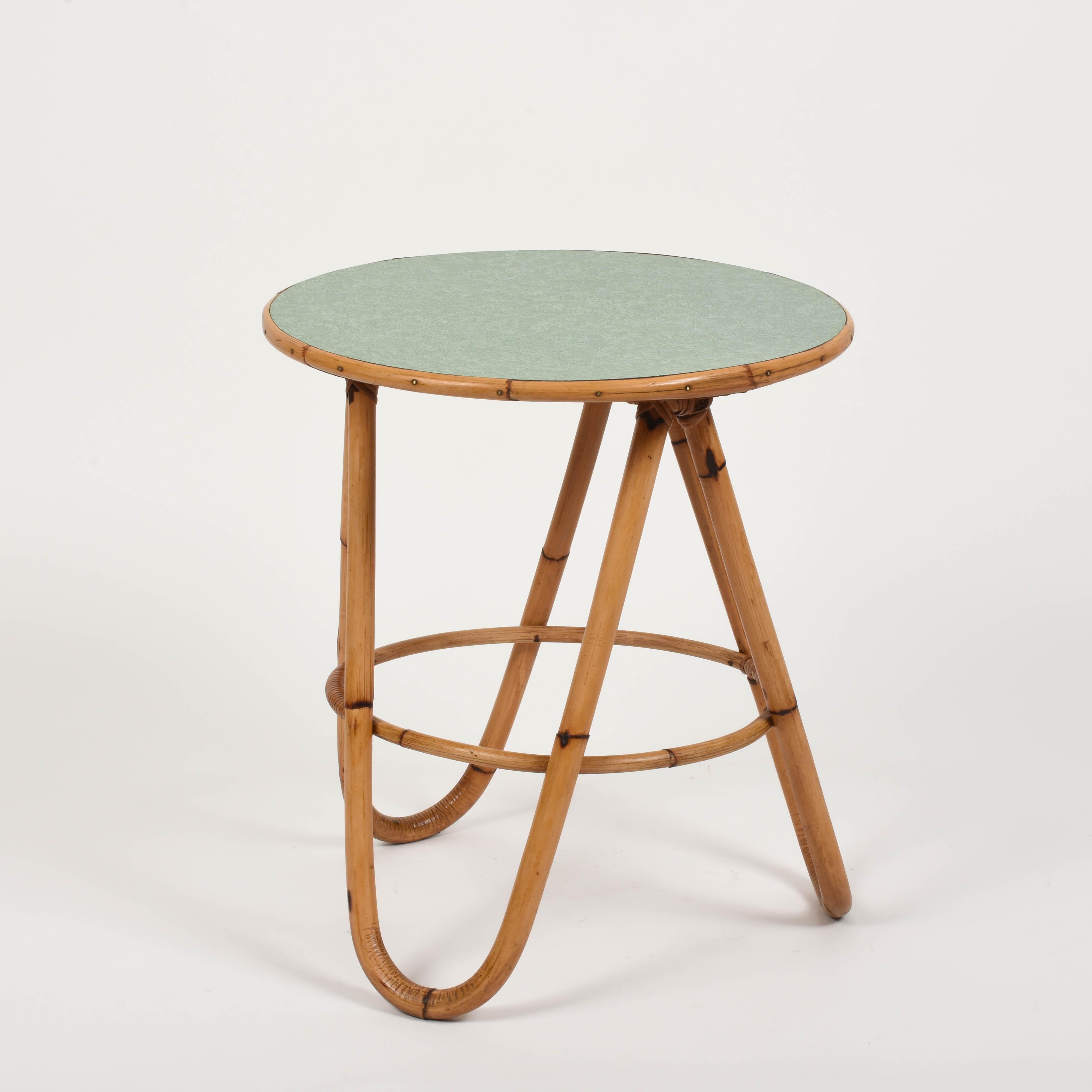 Midcentury Bamboo and Green Formica Round Side Italian Coffee Table, 1960s 6