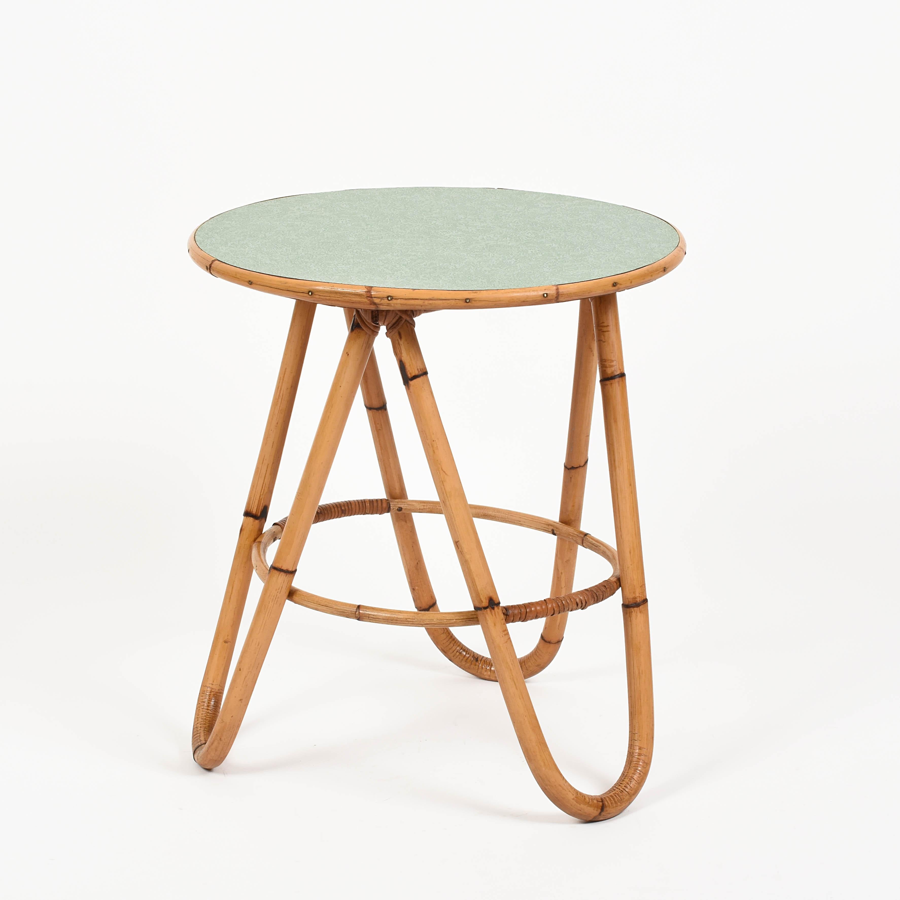 Midcentury Bamboo and Green Formica Round Side Italian Coffee Table, 1960s 7