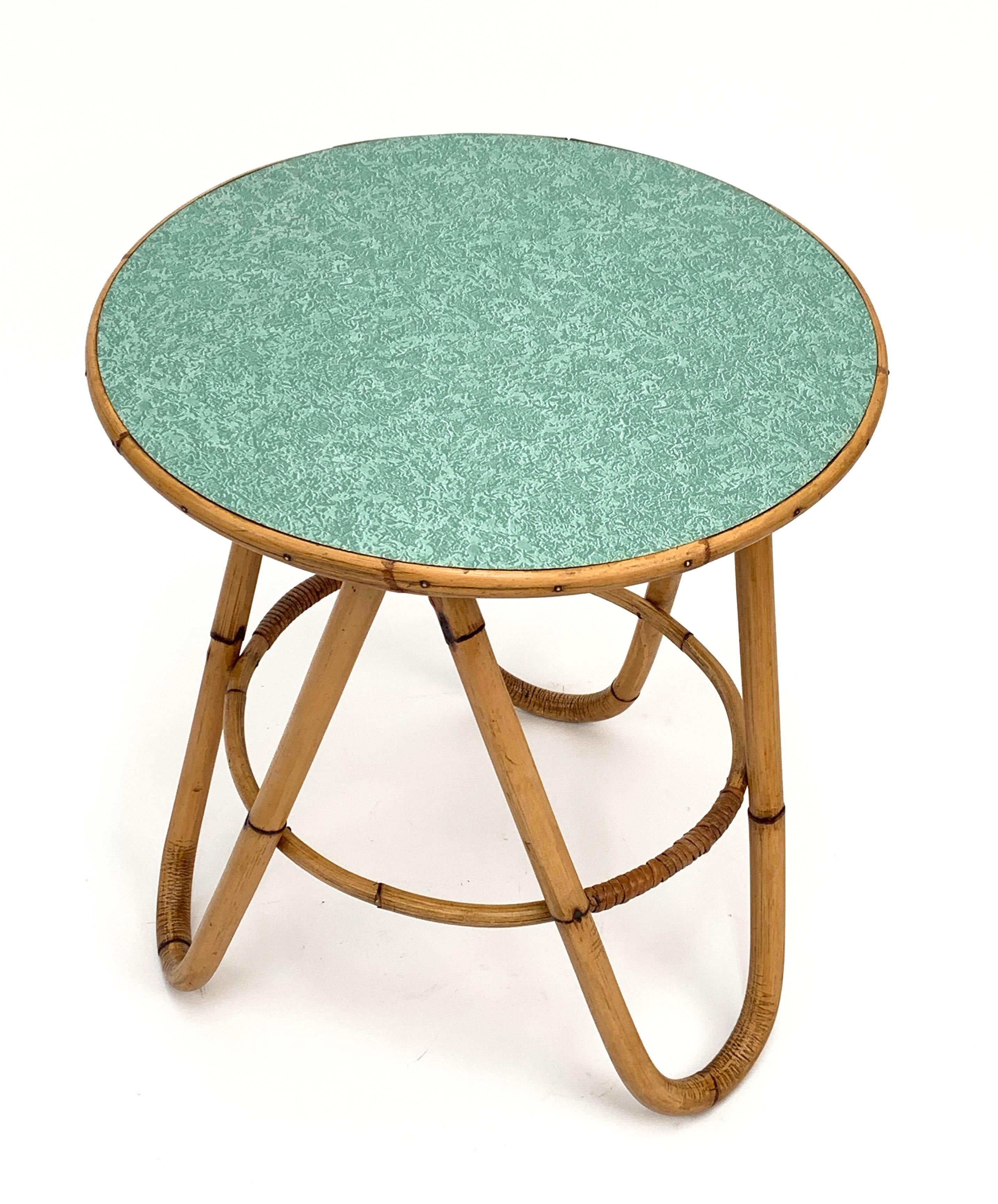 Mid-Century Modern Midcentury Bamboo and Green Formica Round Side Italian Coffee Table, 1960s