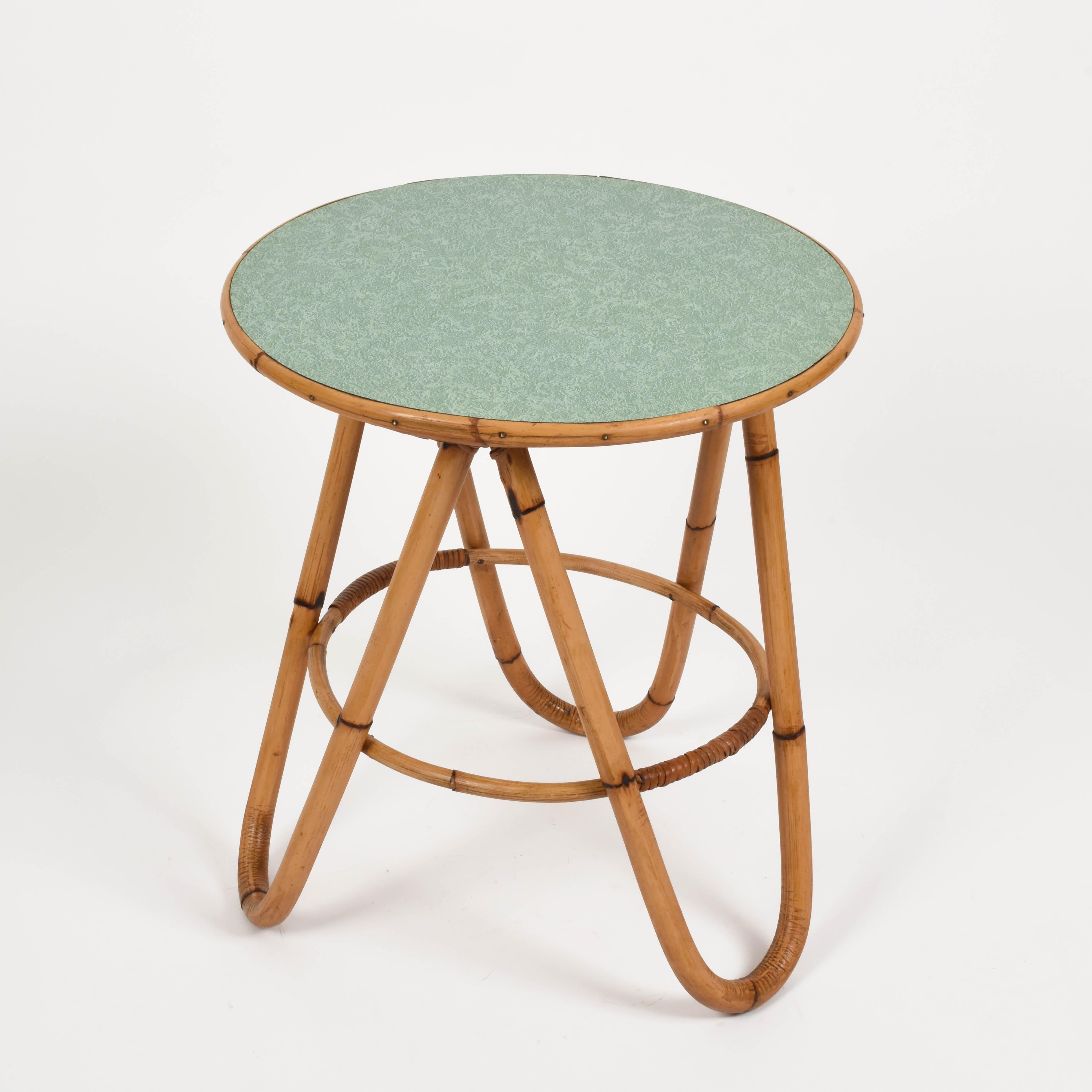 Mid-20th Century Midcentury Bamboo and Green Formica Round Side Italian Coffee Table, 1960s
