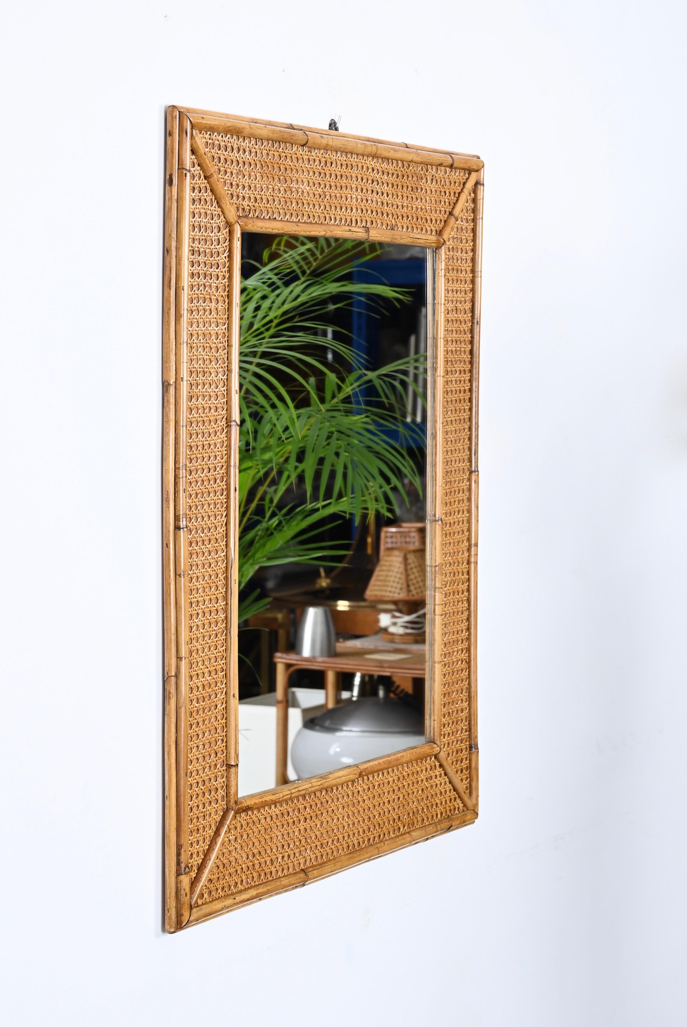 Midcentury Bamboo and Hand-Woven Wicker Rectangular Italian Mirror, 1970s For Sale 4