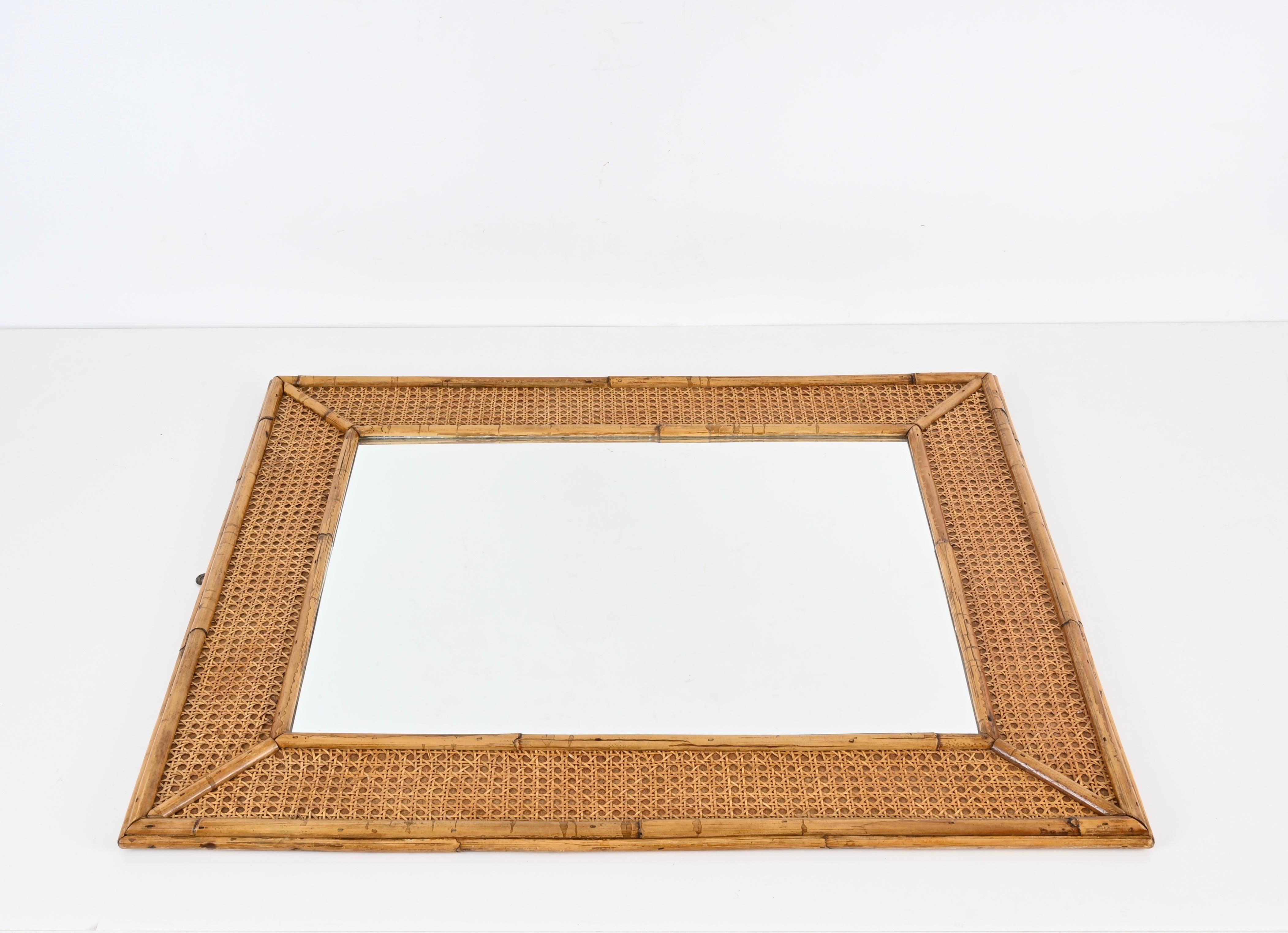 Midcentury Bamboo and Hand-Woven Wicker Rectangular Italian Mirror, 1970s For Sale 6