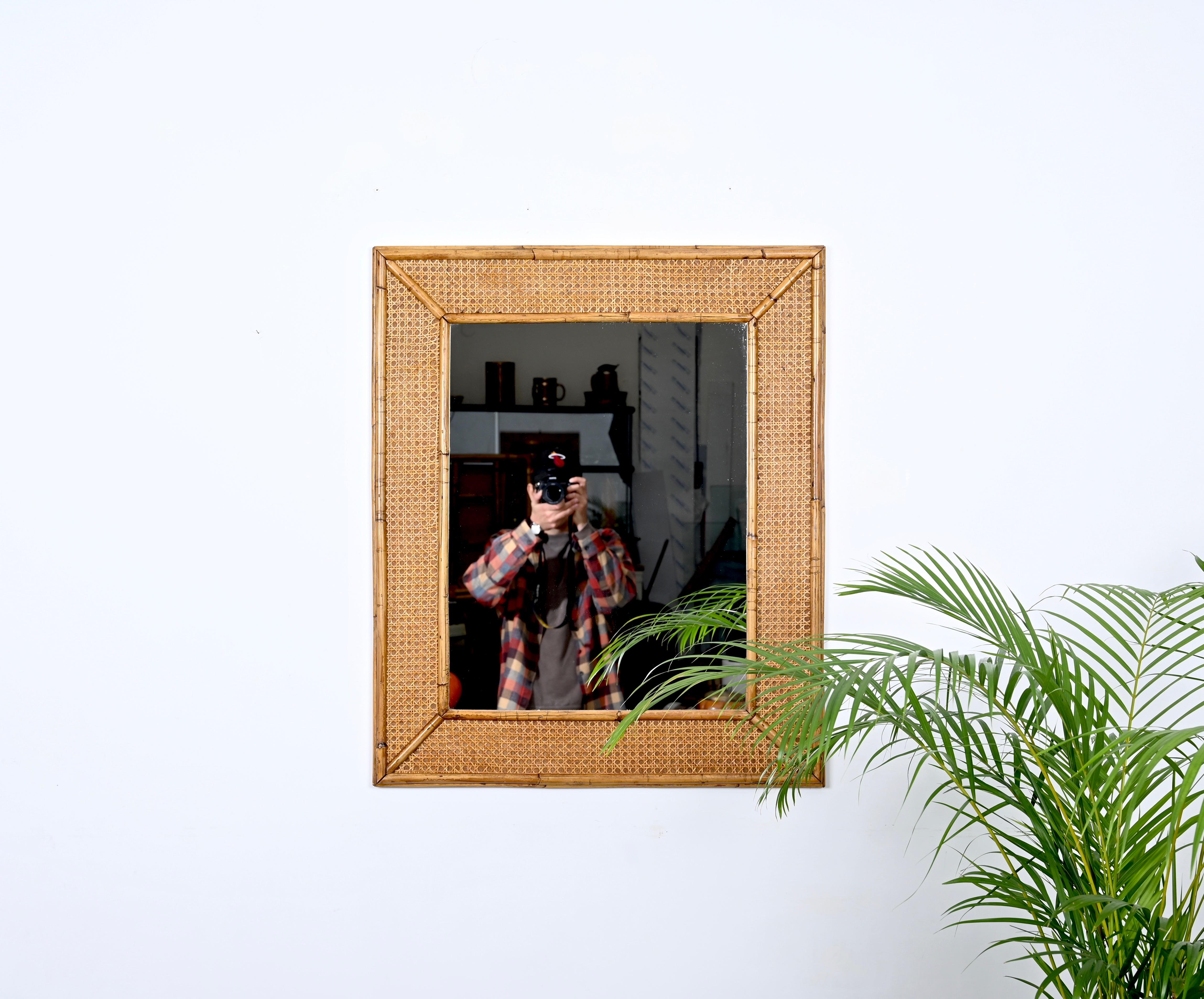 Midcentury Bamboo and Hand-Woven Wicker Rectangular Italian Mirror, 1970s For Sale 9