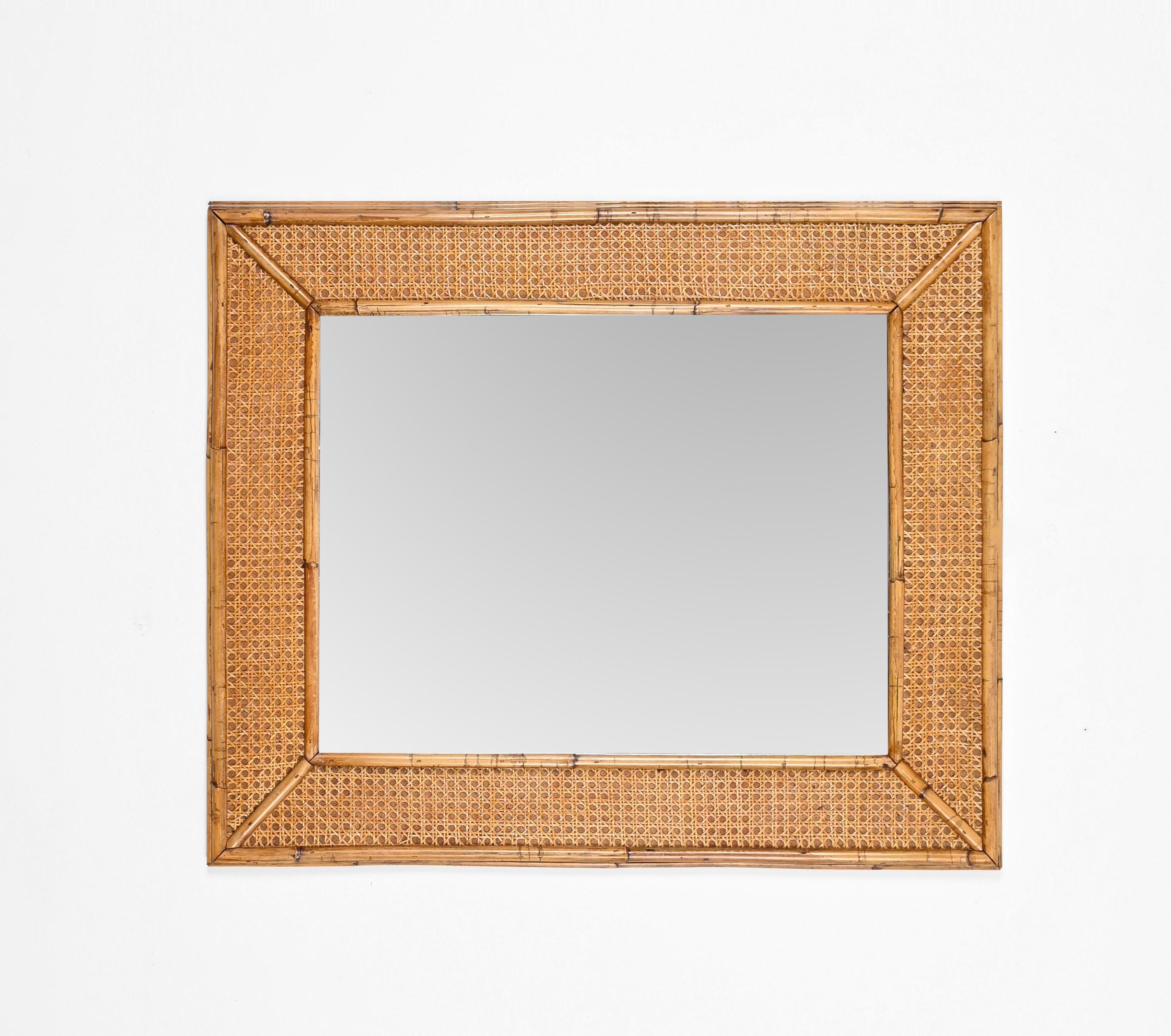 Mid-Century Modern Midcentury Bamboo and Hand-Woven Wicker Rectangular Italian Mirror, 1970s For Sale