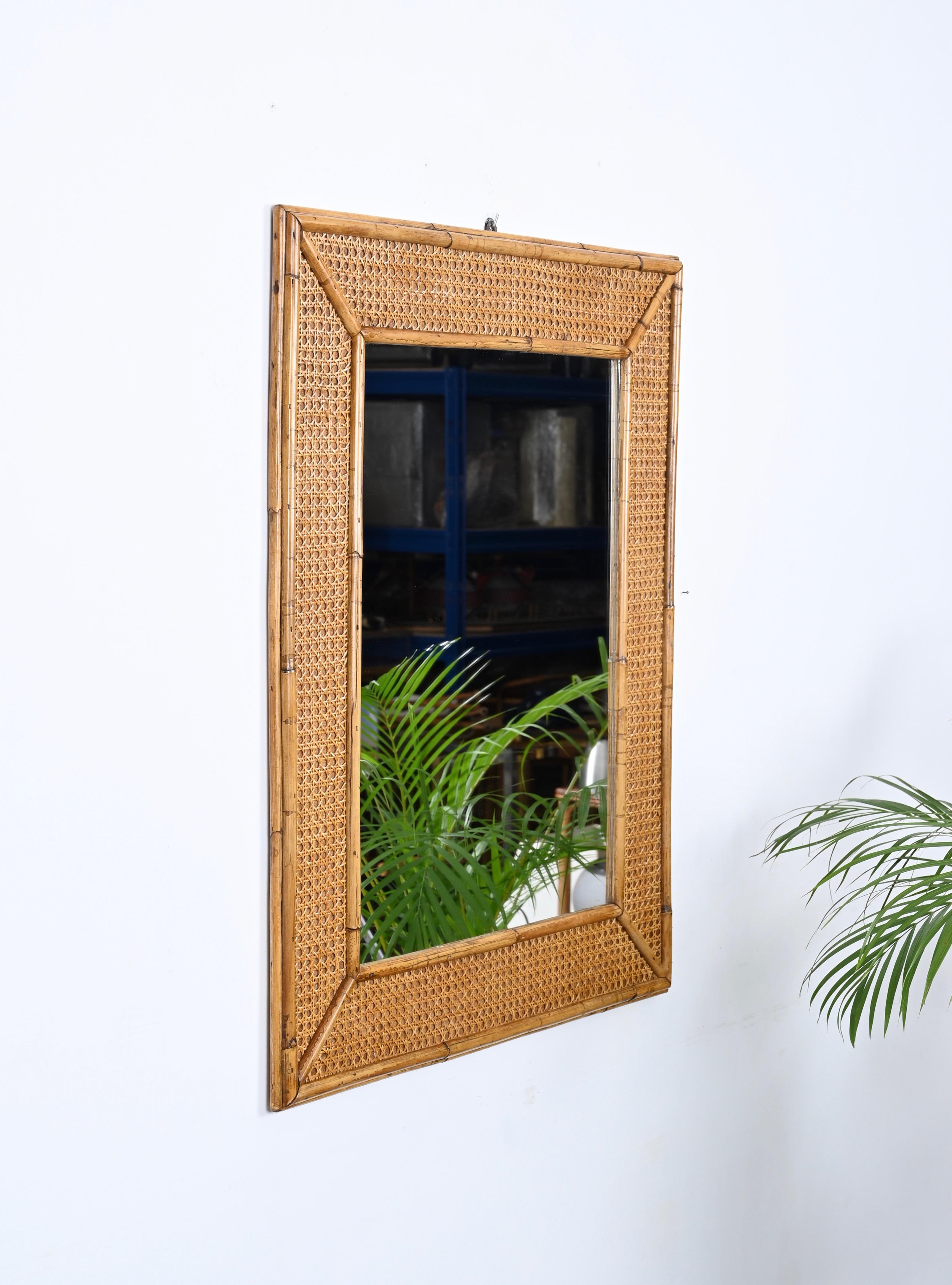 Straw Midcentury Bamboo and Hand-Woven Wicker Rectangular Italian Mirror, 1970s For Sale